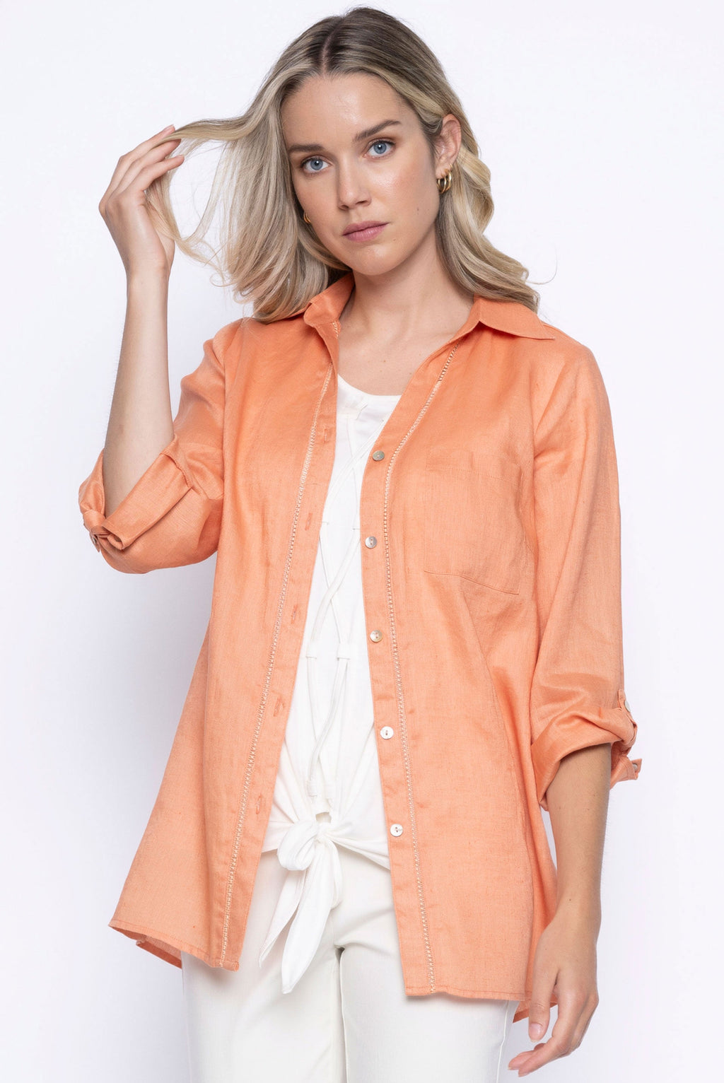 KADOU BOUTIQUE Picadilly 3/4 Sleeve Button Down Shirt — detail close-up