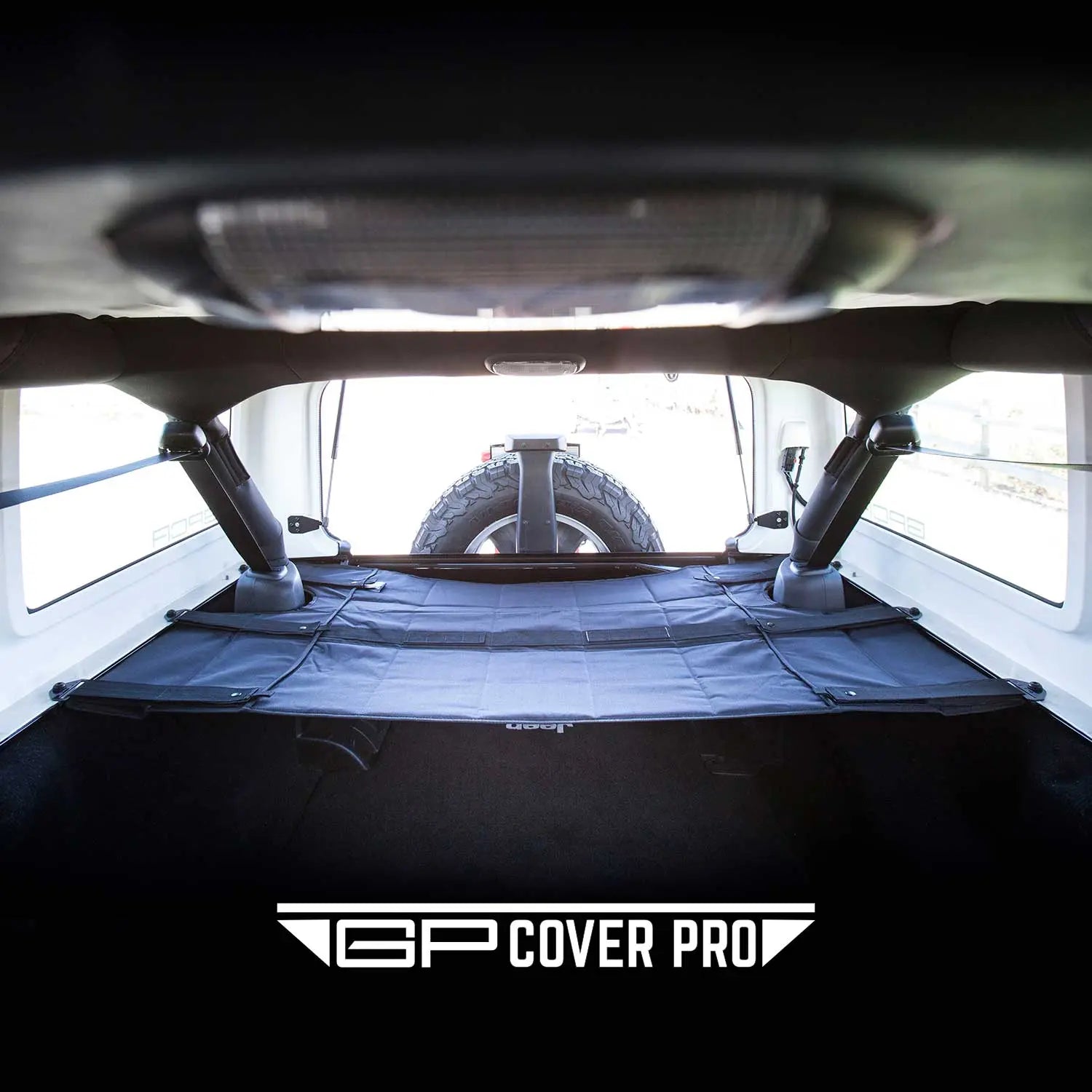GPCA Jeep Wrangler JK 4DR Cargo Cover PRO (2007–2018) — flat-lay composition