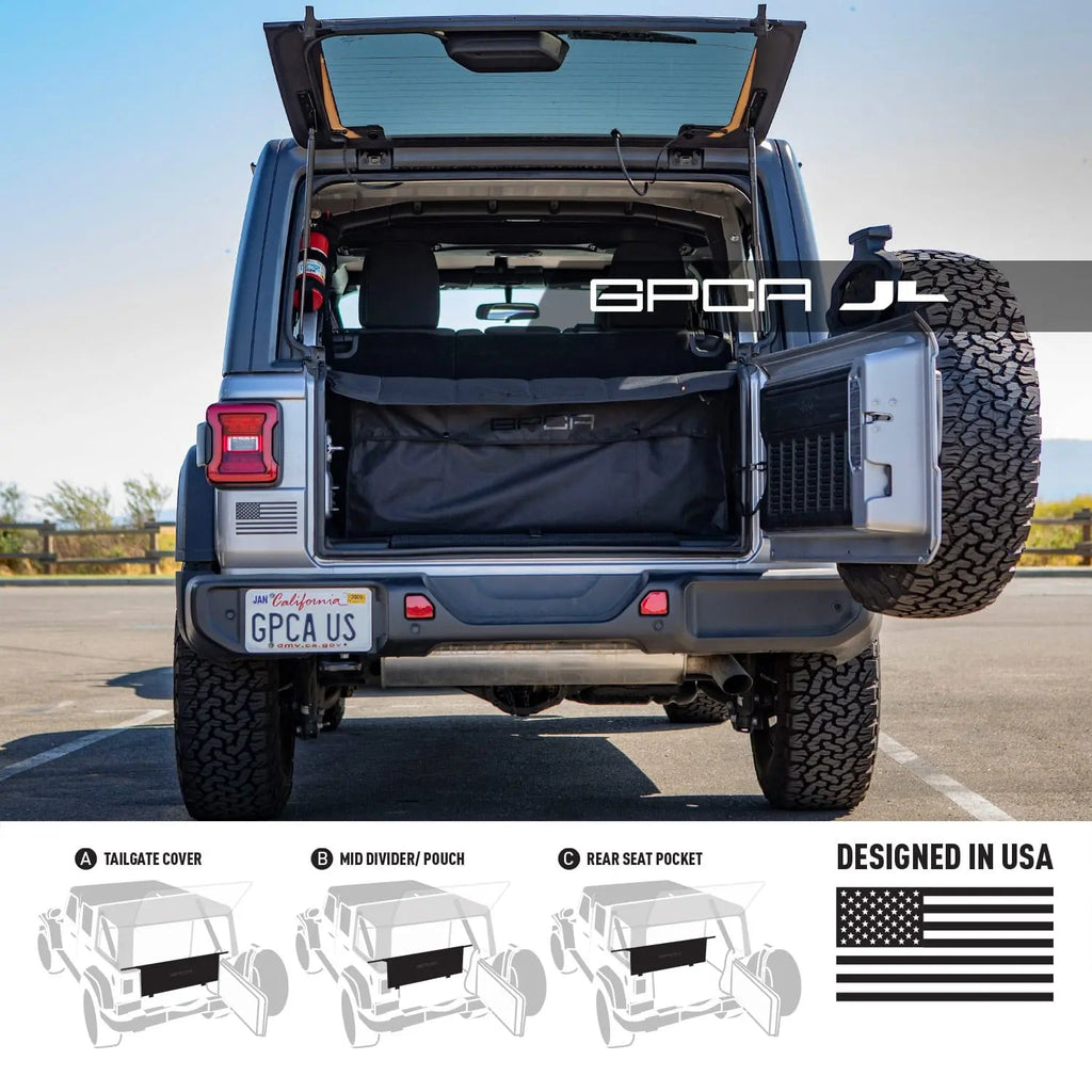 GPCA Jeep Wrangler JL 4DR Cargo Cover PRO (2018+) — flat-lay composition