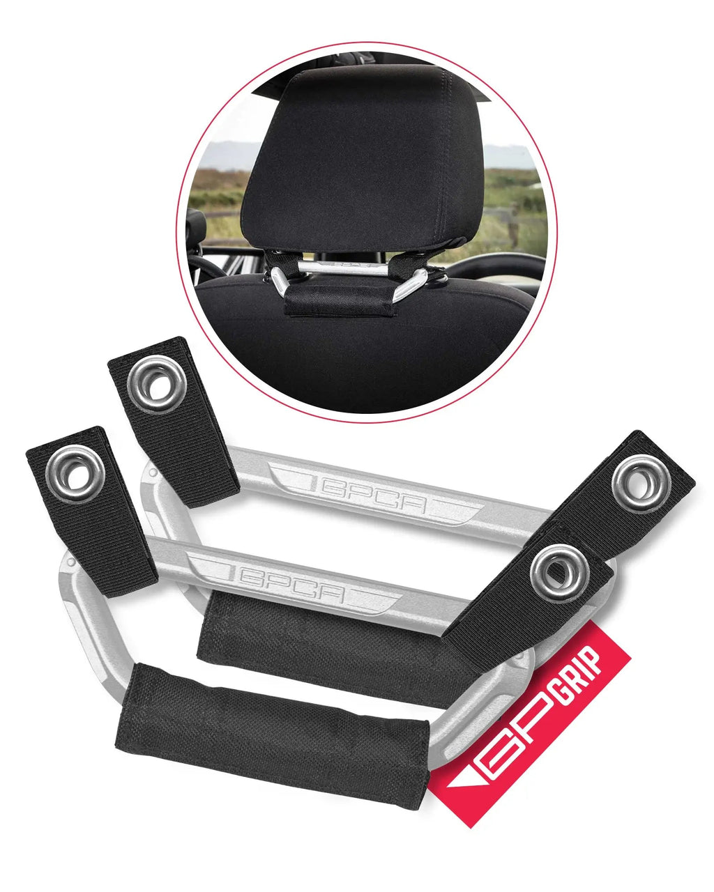 GPCA GP Back Grip PRO — Rear Headrest Handles for All Cars & Trucks — product on model