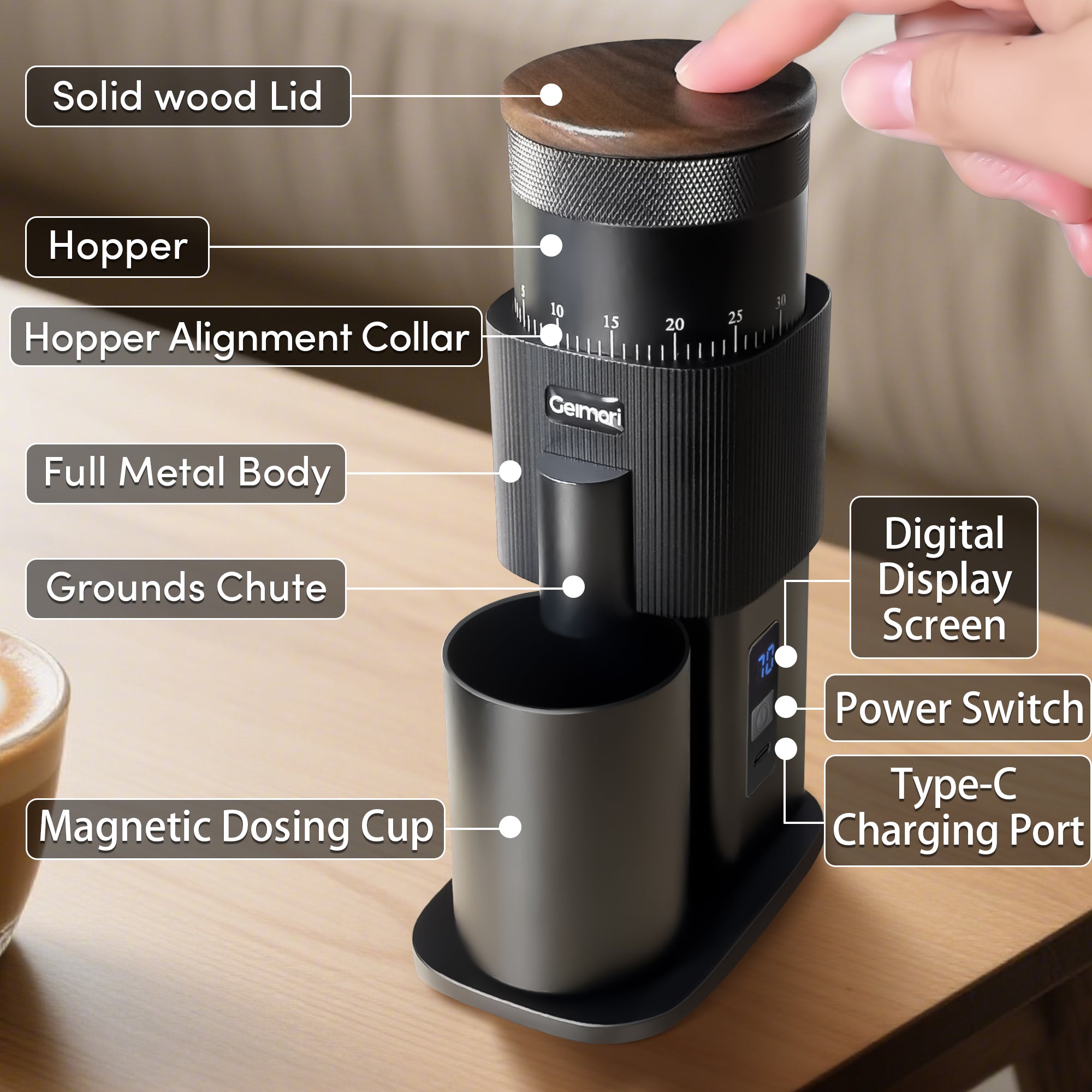 Geimori T38-The True Pro Grade Portable Coffee Grinder with 38mm Conical Burrs, 3600mAh Batteries, Stepless Grind Settings – 