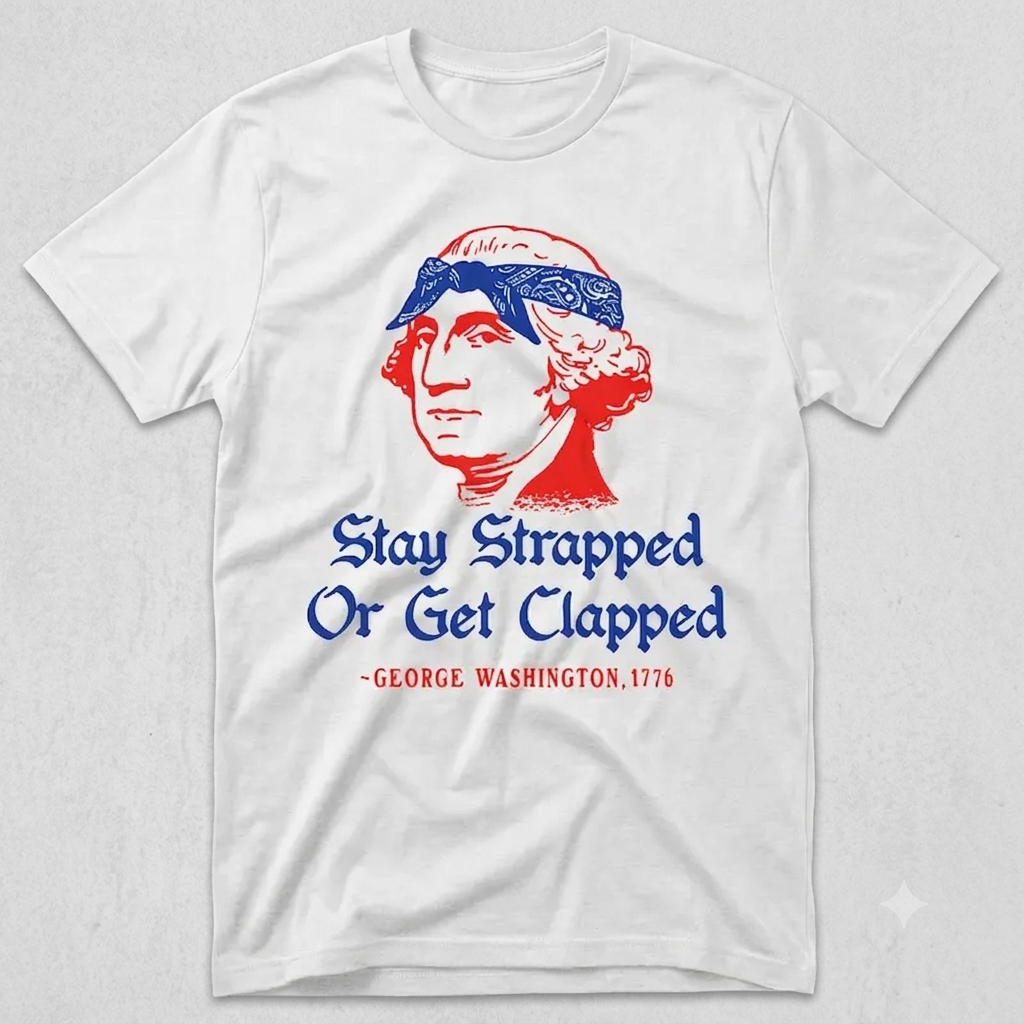 "Stay Strapped or Get Clapped" Funny George Washington T-Shirt – Retro 4th of July Independence Day Unisex Graphic Tee