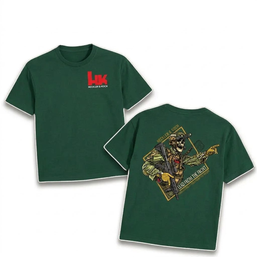 Heckler & Koch "Lead From The Front" T-Shirt – Tactical Skeleton NVG Graphic Tee, Premium 100% Cotton HK Brand Top, Soft Lived-In Heavyweight Operator Lifestyle Shirt, Made in USA