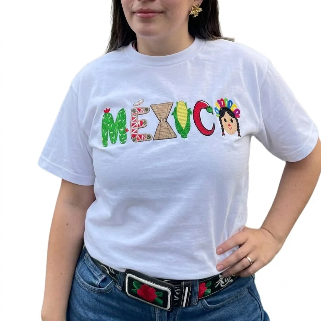 Mexico Embroidered Graphic Cotton T-Shirt – Cultural Heritage Tee, Unisex Embroidered Top for Travel & Vacation