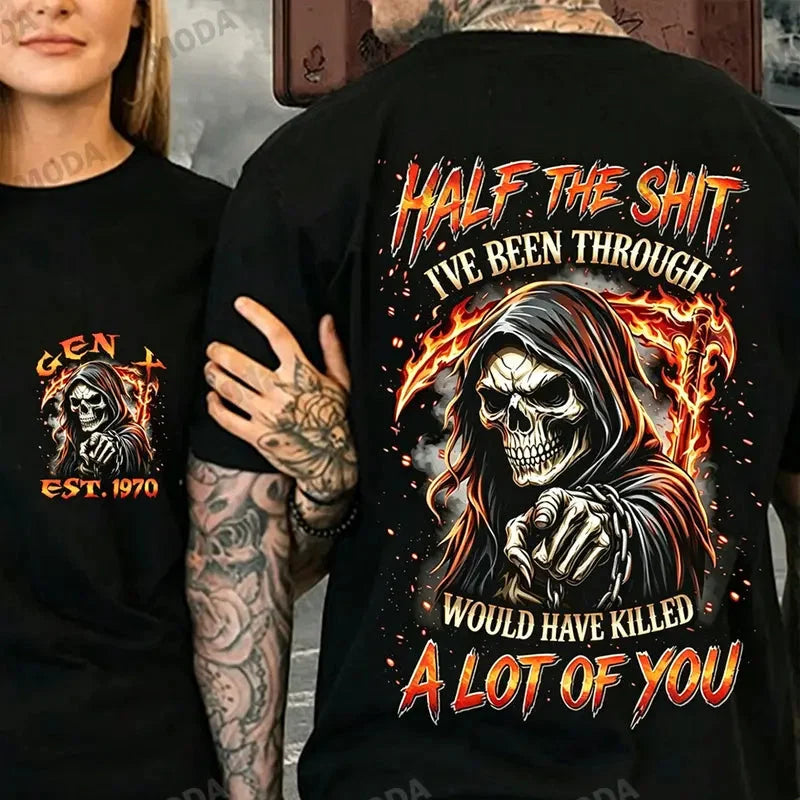 Generation X "Half The Shit..." T-Shirt – Custom Year Skull Retro Funny Gen X Unisex Graphic Tee