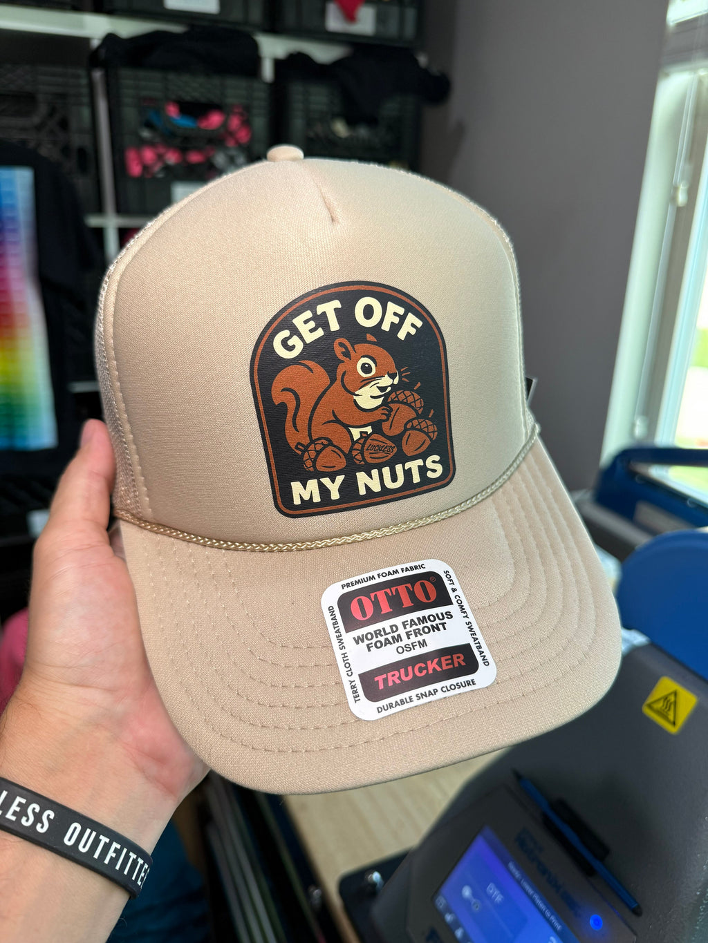 Luckless Outfitters Get Off My Nuts Trucker Hat — detail close-up