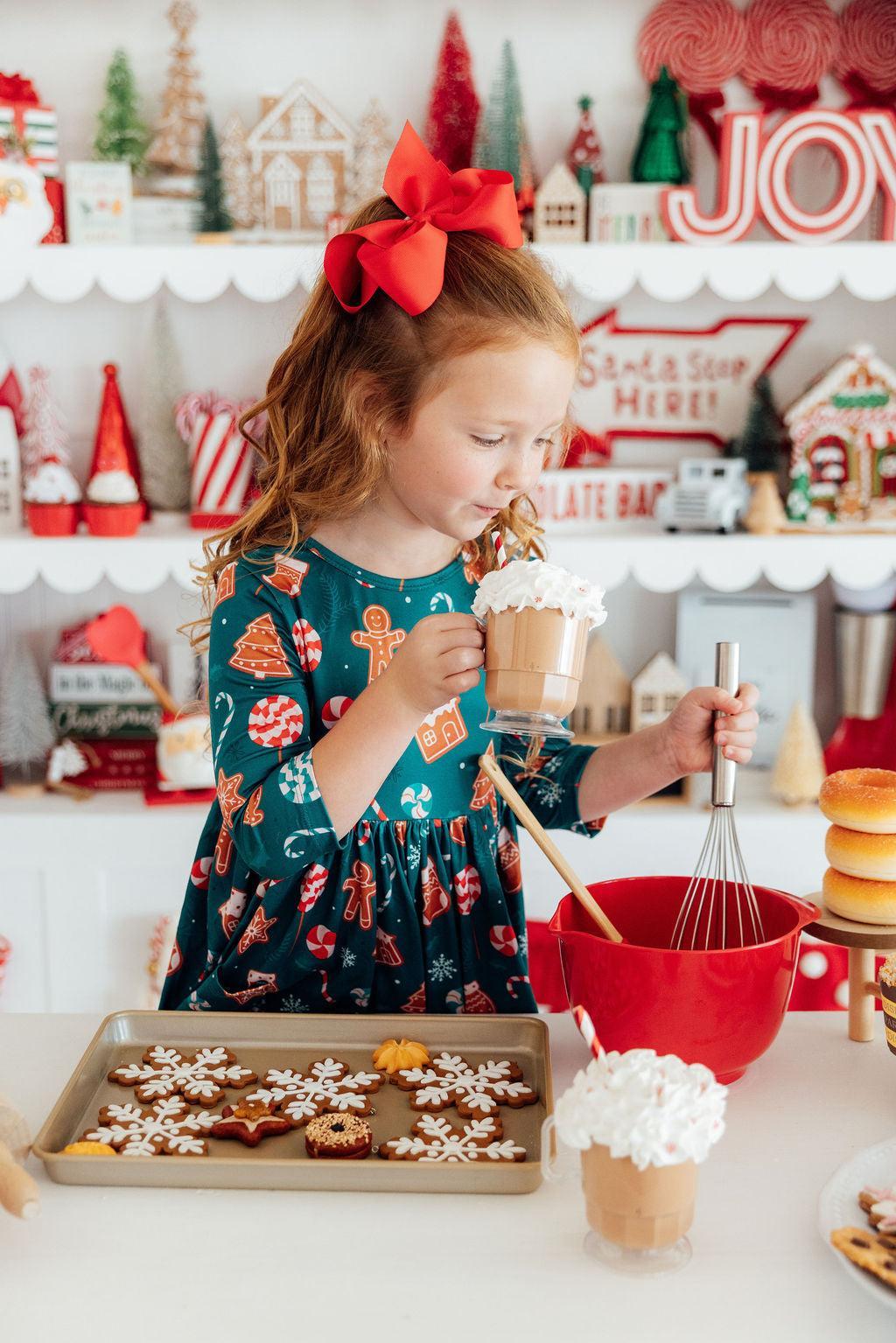 Mila & Rose ® Gingerbread House 3/4 Sleeve Pocket Twirl Dress — detail close-up