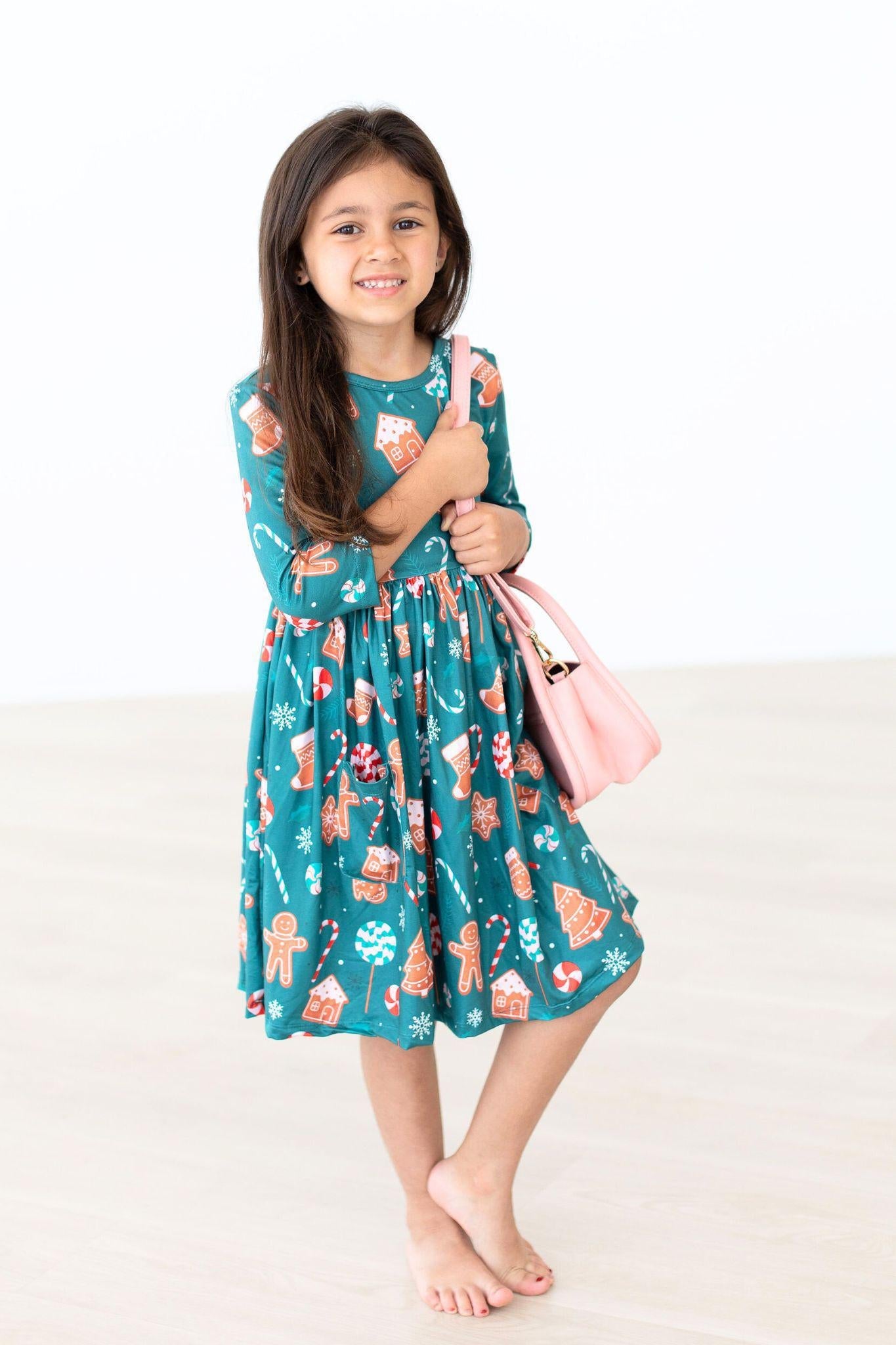 Mila & Rose ® Gingerbread House 3/4 Sleeve Pocket Twirl Dress — side view