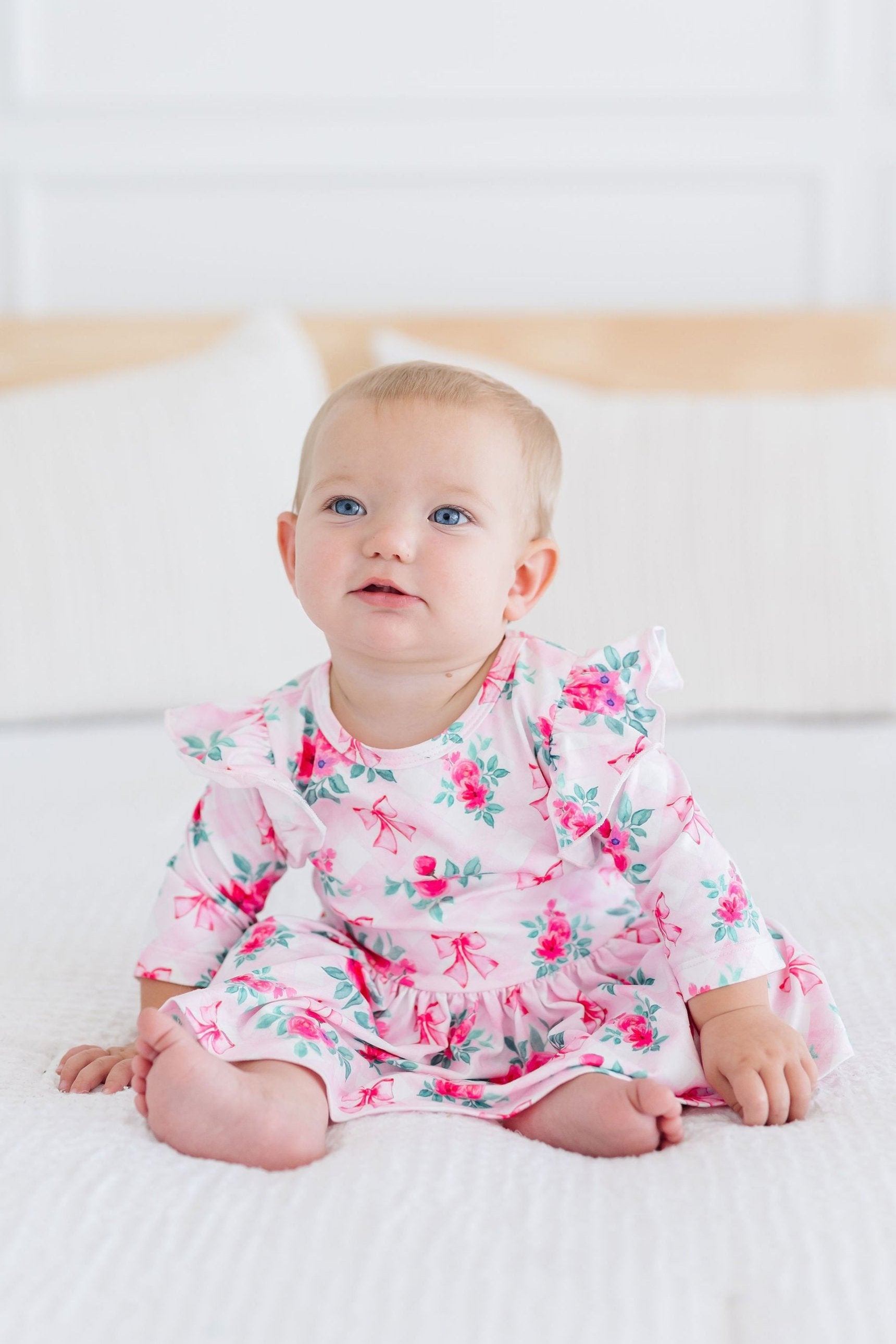 Gingham Bows 3/4 Sleeve Flutter Twirl Bodysuit