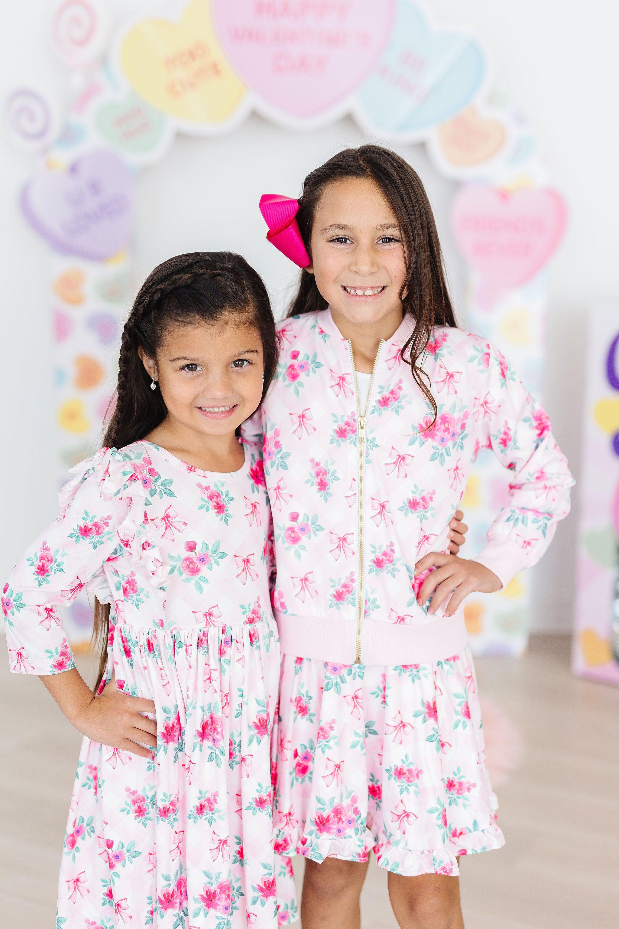 Mila & Rose ® Gingham Bows 3/4 Sleeve Ruffle Twirl Dress — detail close-up