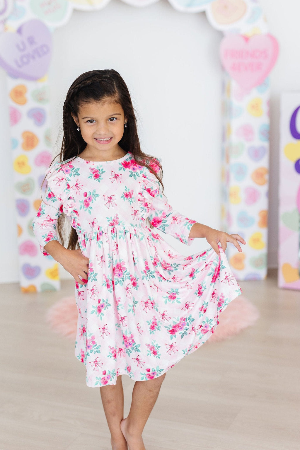 Mila & Rose ® Gingham Bows 3/4 Sleeve Ruffle Twirl Dress — lifestyle context