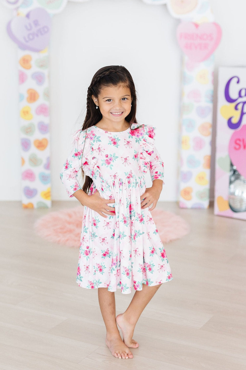 Mila & Rose ® Gingham Bows 3/4 Sleeve Ruffle Twirl Dress — side view