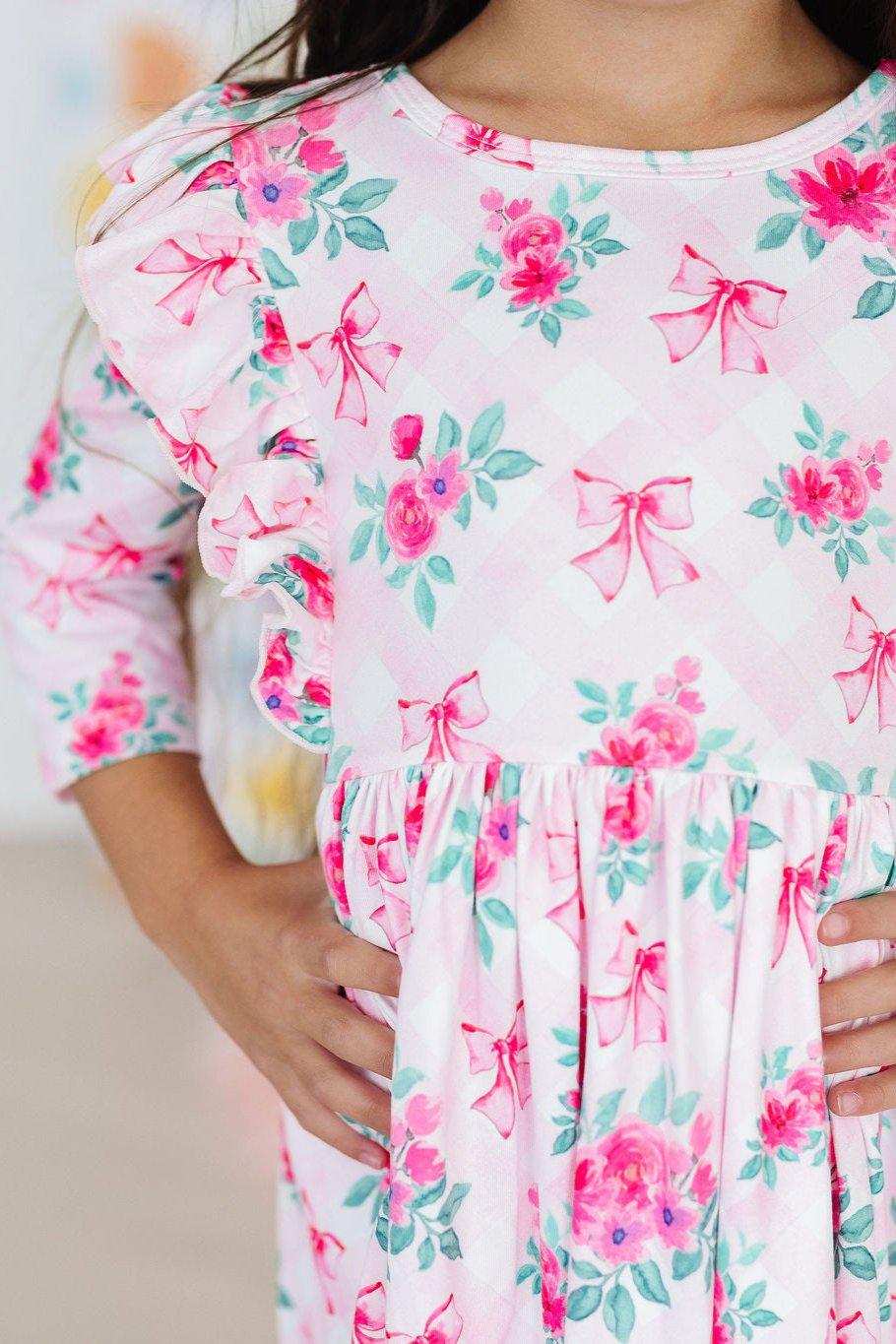 Mila & Rose ® Gingham Bows 3/4 Sleeve Ruffle Twirl Dress — main product shot