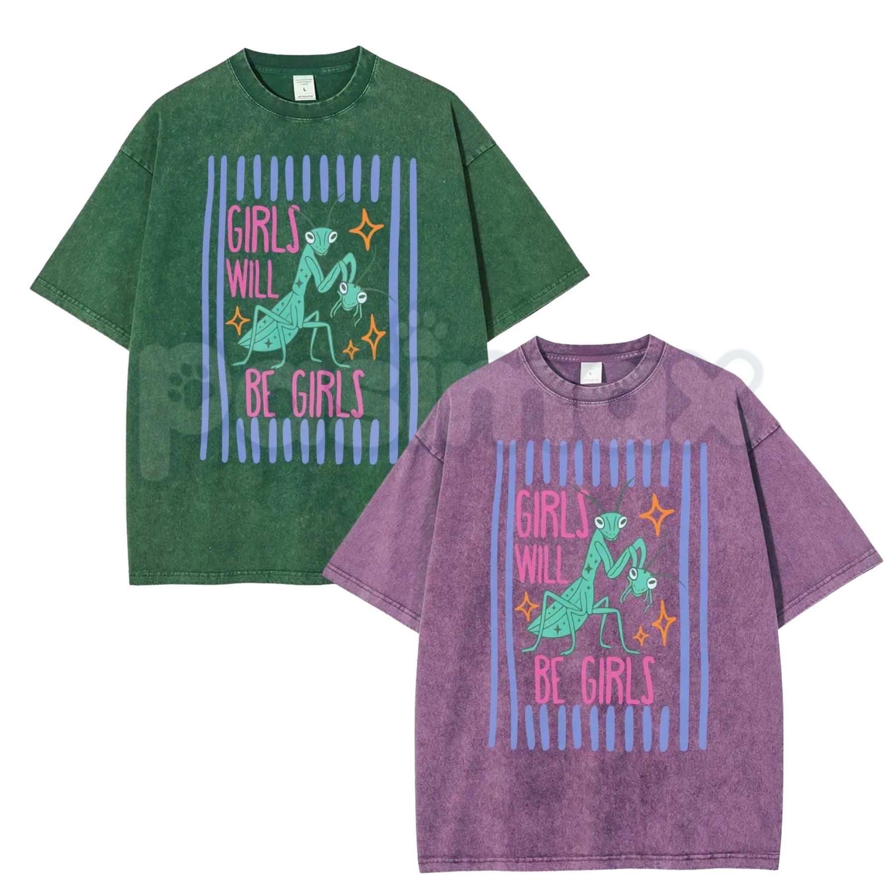 Girls Will Be Girls Mantis T-Shirt – Funny Retro Cartoon Graphic Tee, Vintage Washed Praying Mantis Lightweight Cotton Indie Aesthetic Top