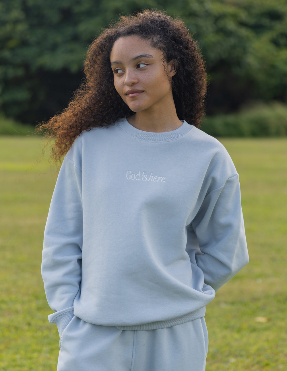 Elevated Faith God Is Here Unisex Crewneck — construction detail