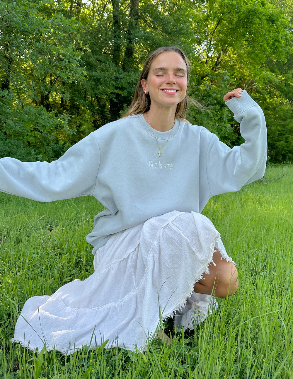 Elevated Faith God Is Here Unisex Crewneck — detail shot 7