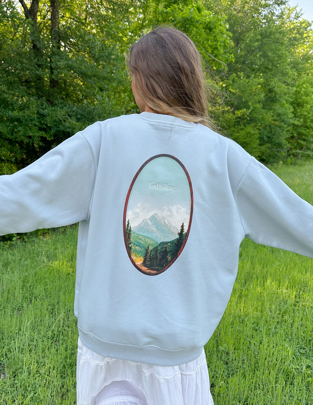 Elevated Faith God Is Here Unisex Crewneck — detail shot 8