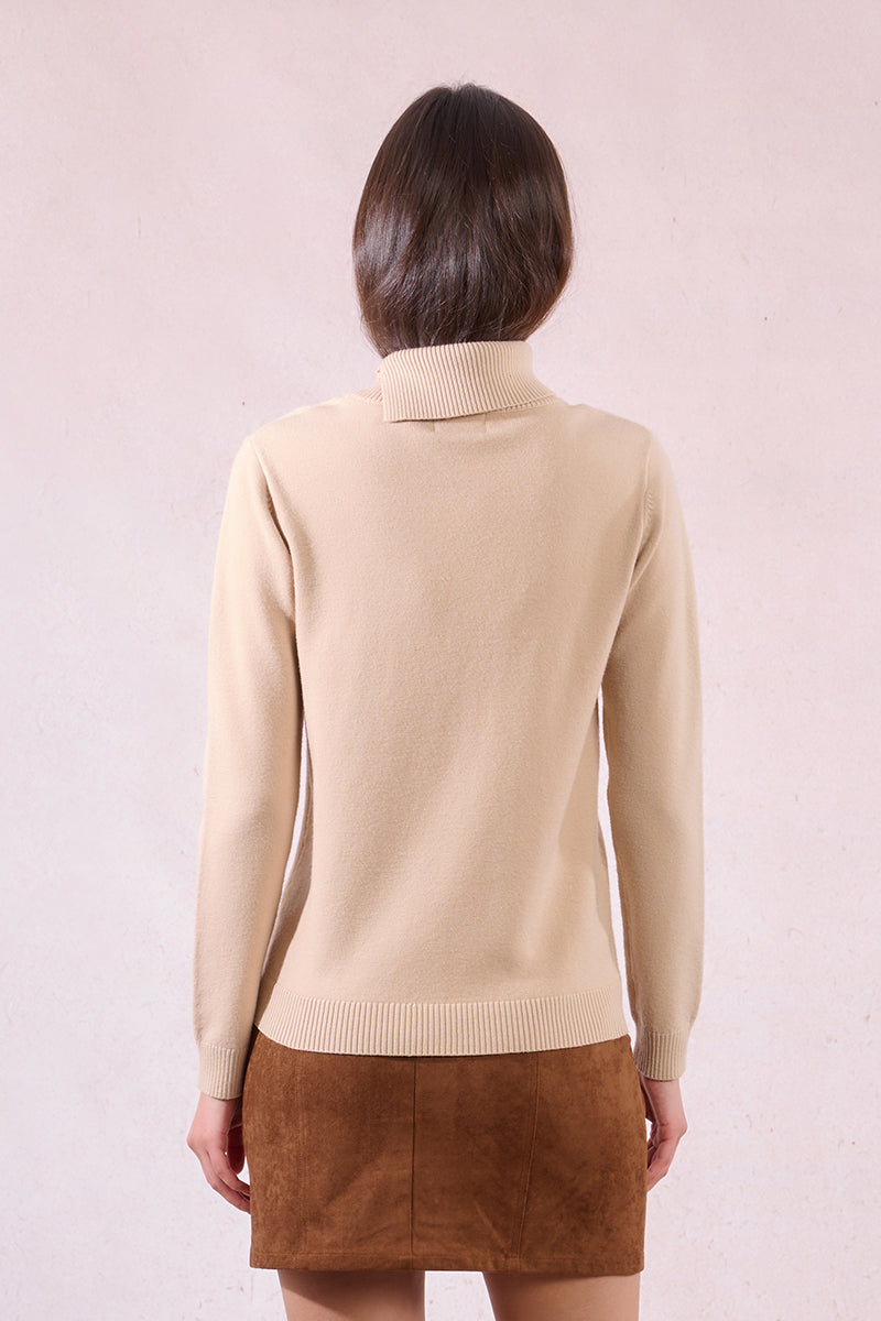 KADOU BOUTIQUE Golden Button Knitted Sweater – Beige Turtleneck by Molly Bracken — detail close-up