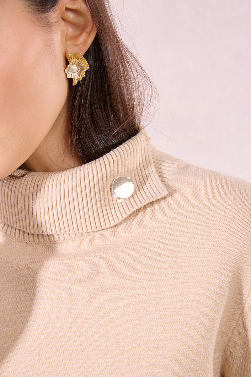 KADOU BOUTIQUE Golden Button Knitted Sweater – Beige Turtleneck by Molly Bracken — lifestyle context