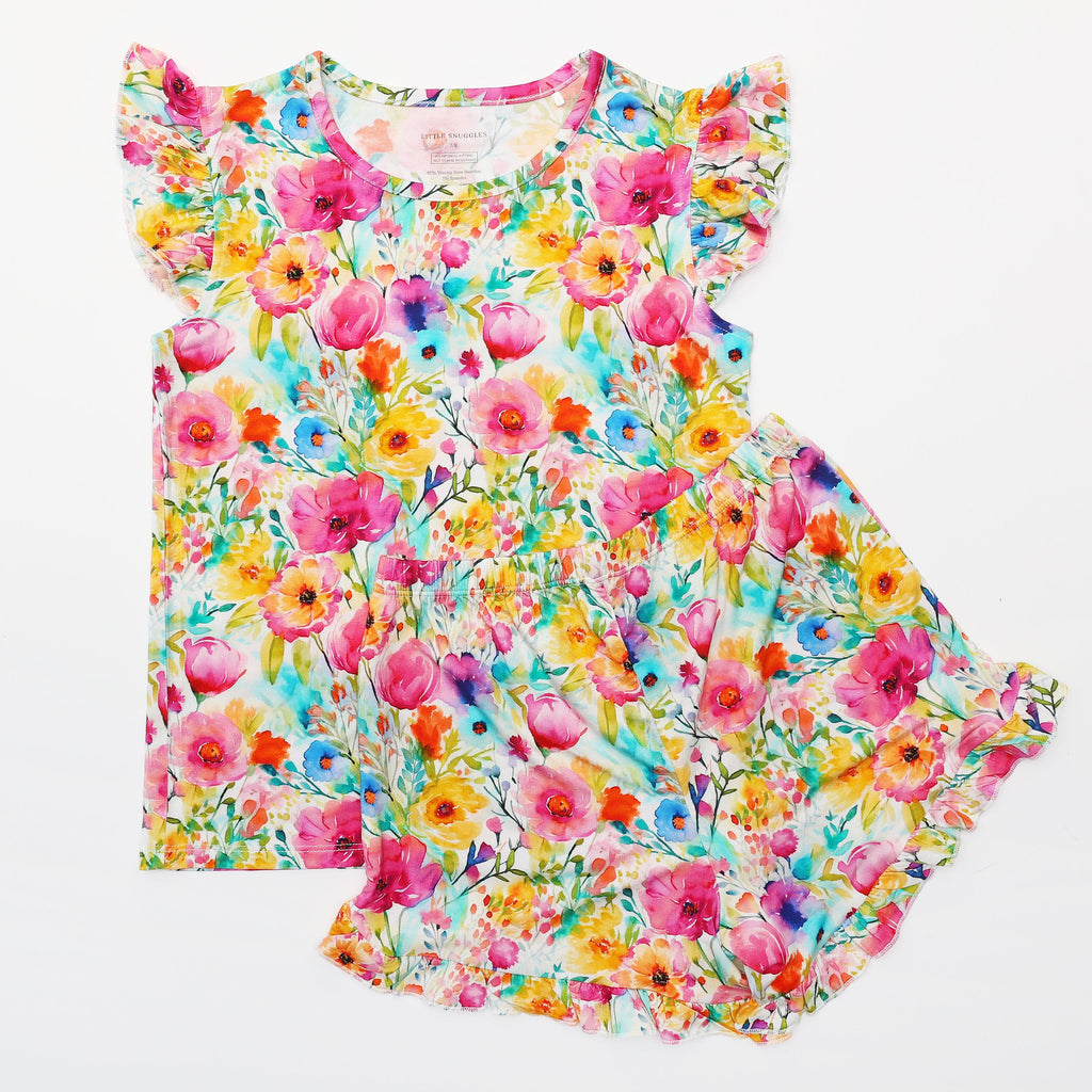 Charlies Project Kids Golden Blooms - Bamboo Flutter Sleeve & Shorts Lounge Set — detail close-up
