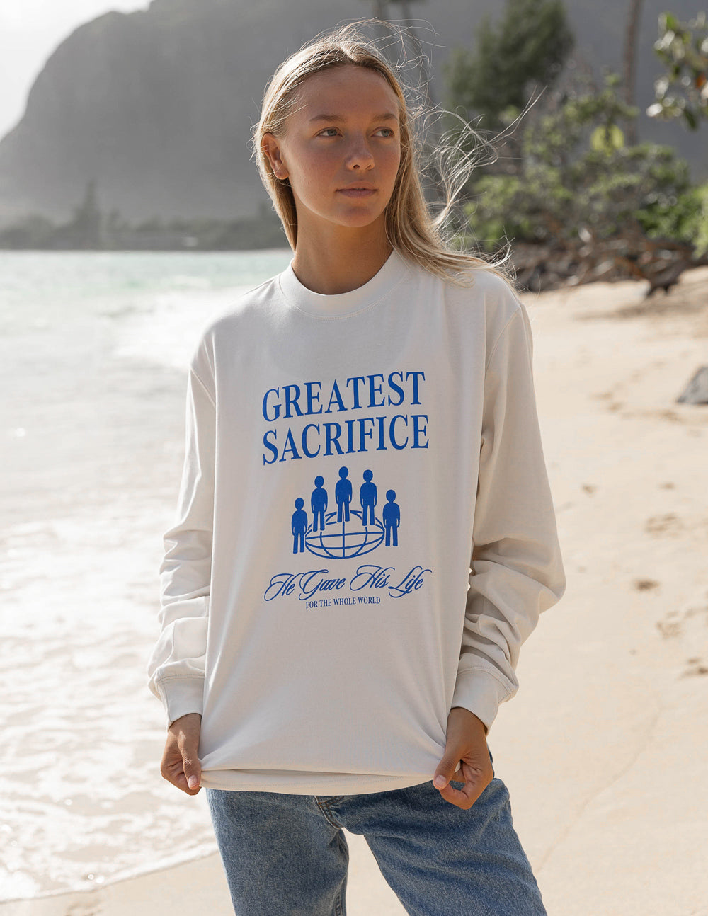 Elevated Faith Greatest Sacrifice LS Unisex Tee — lifestyle context
