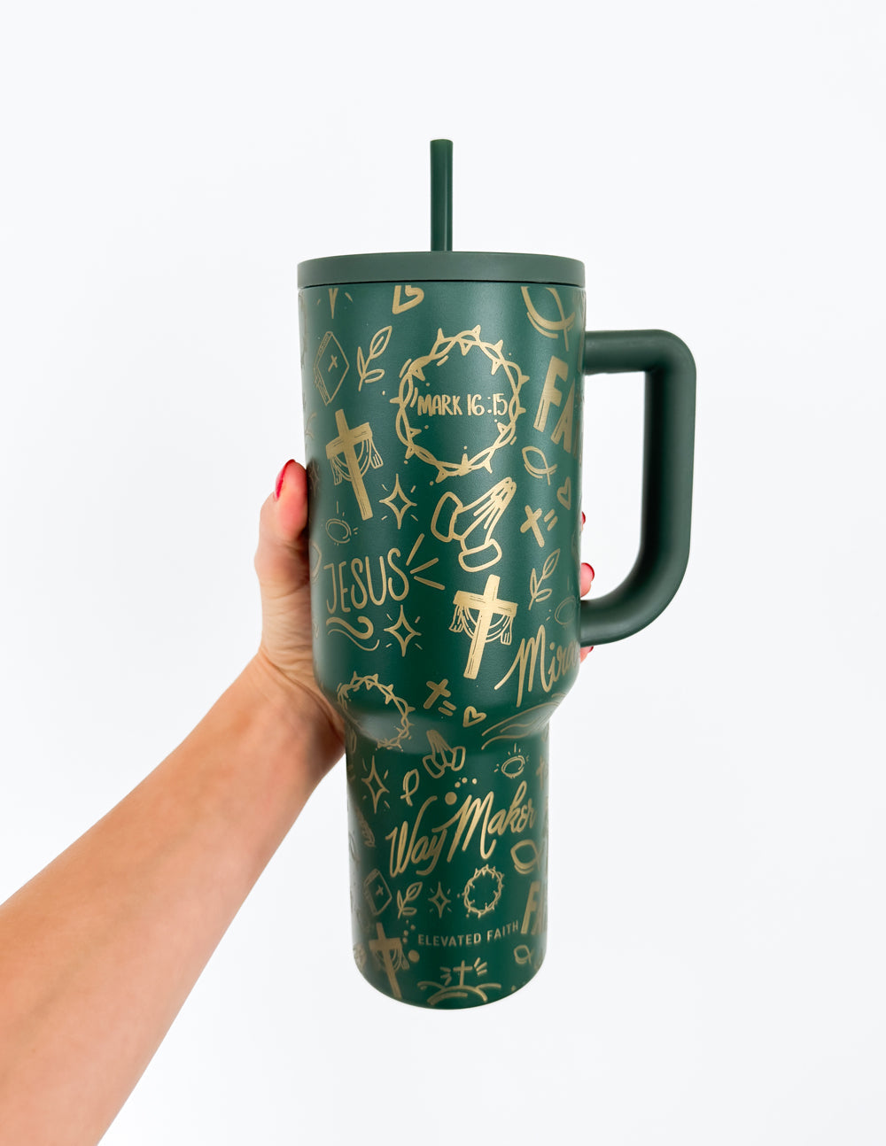 Elevated Faith Green Allover Print 40 oz Ascend Tumbler — detail close-up