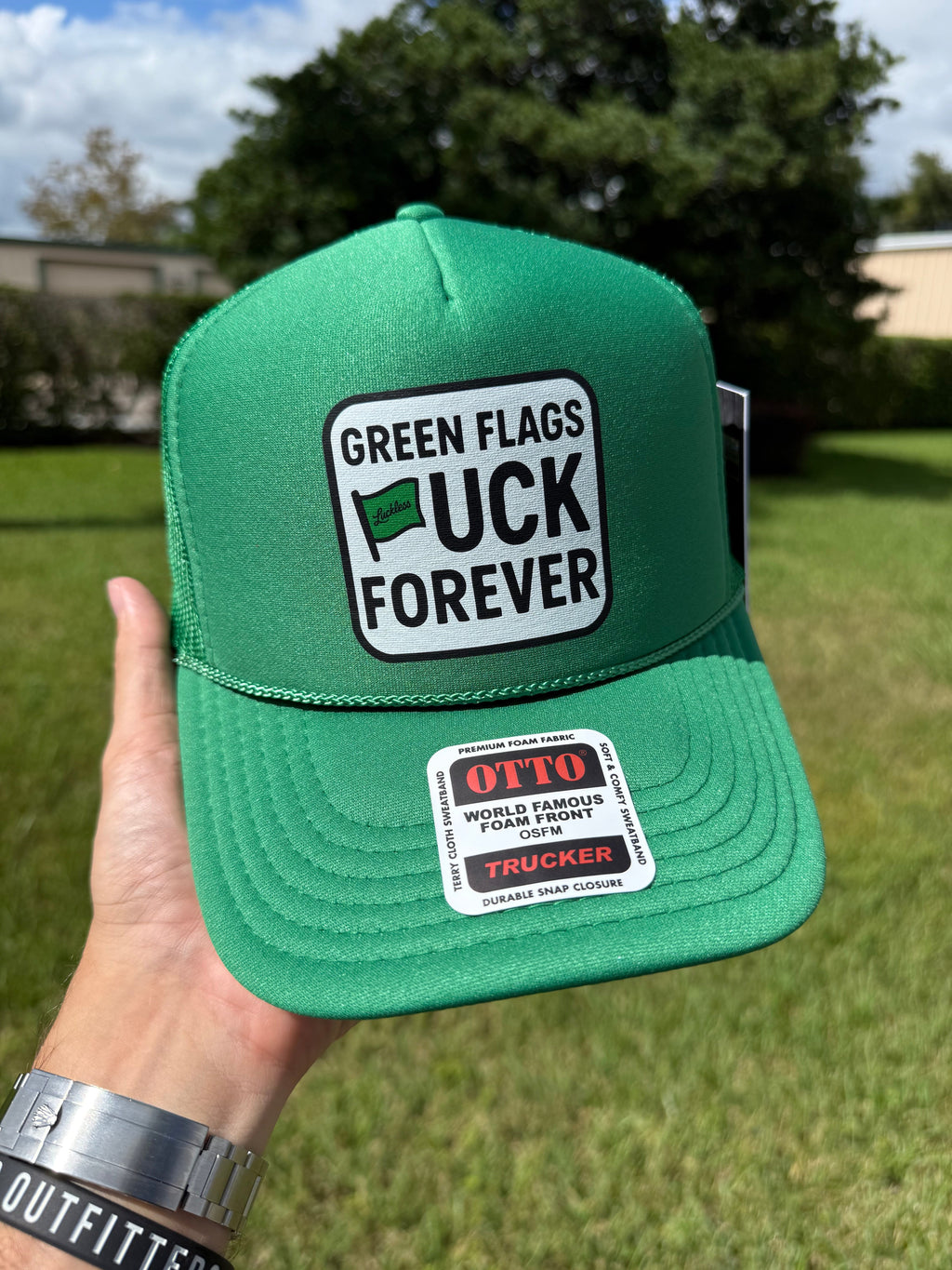 Luckless Outfitters Green Flags Fuck Forever Trucker Hat — detail close-up