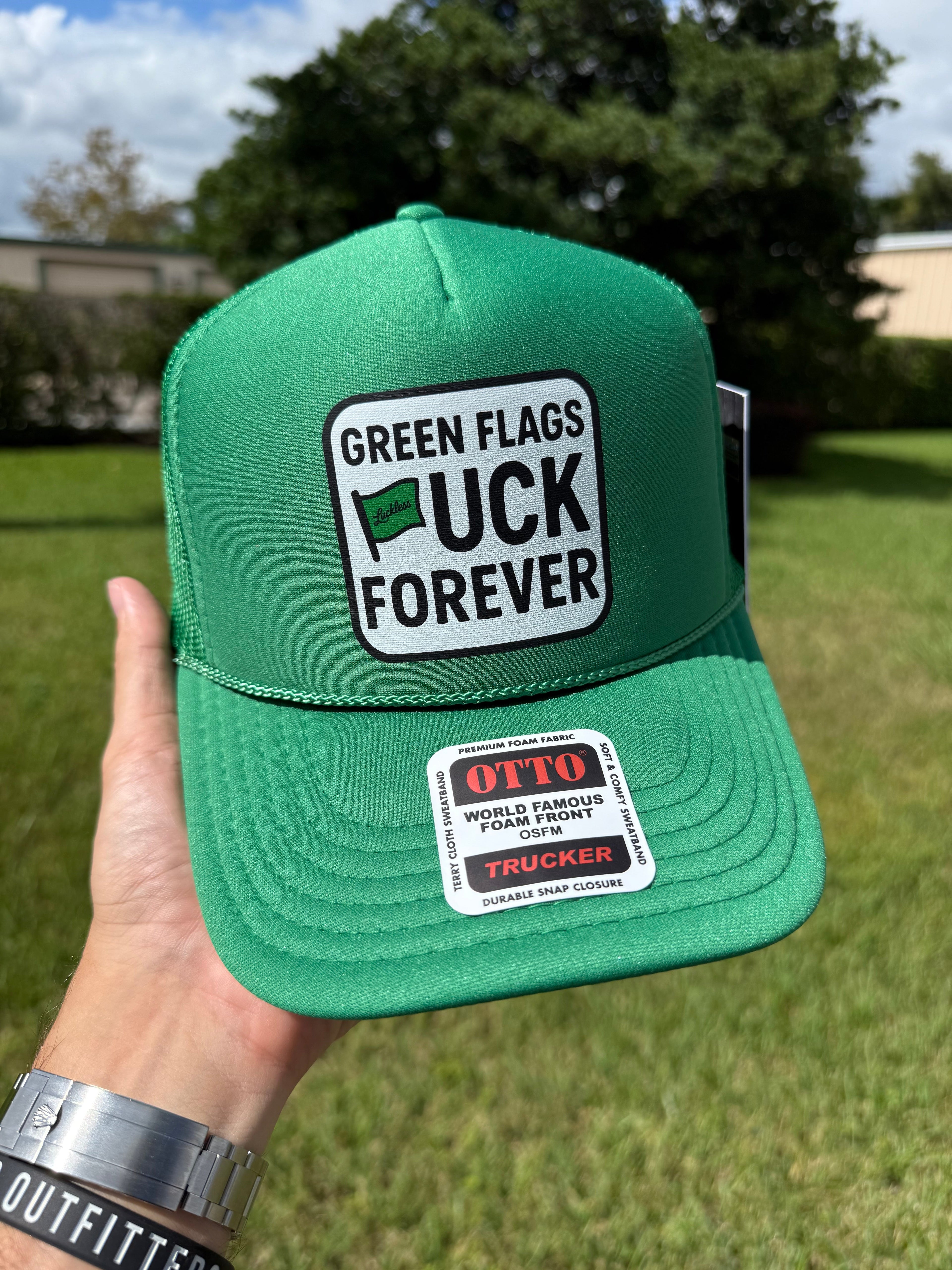 Luckless Outfitters Green Flags Fuck Forever Trucker Hat — detail close-up