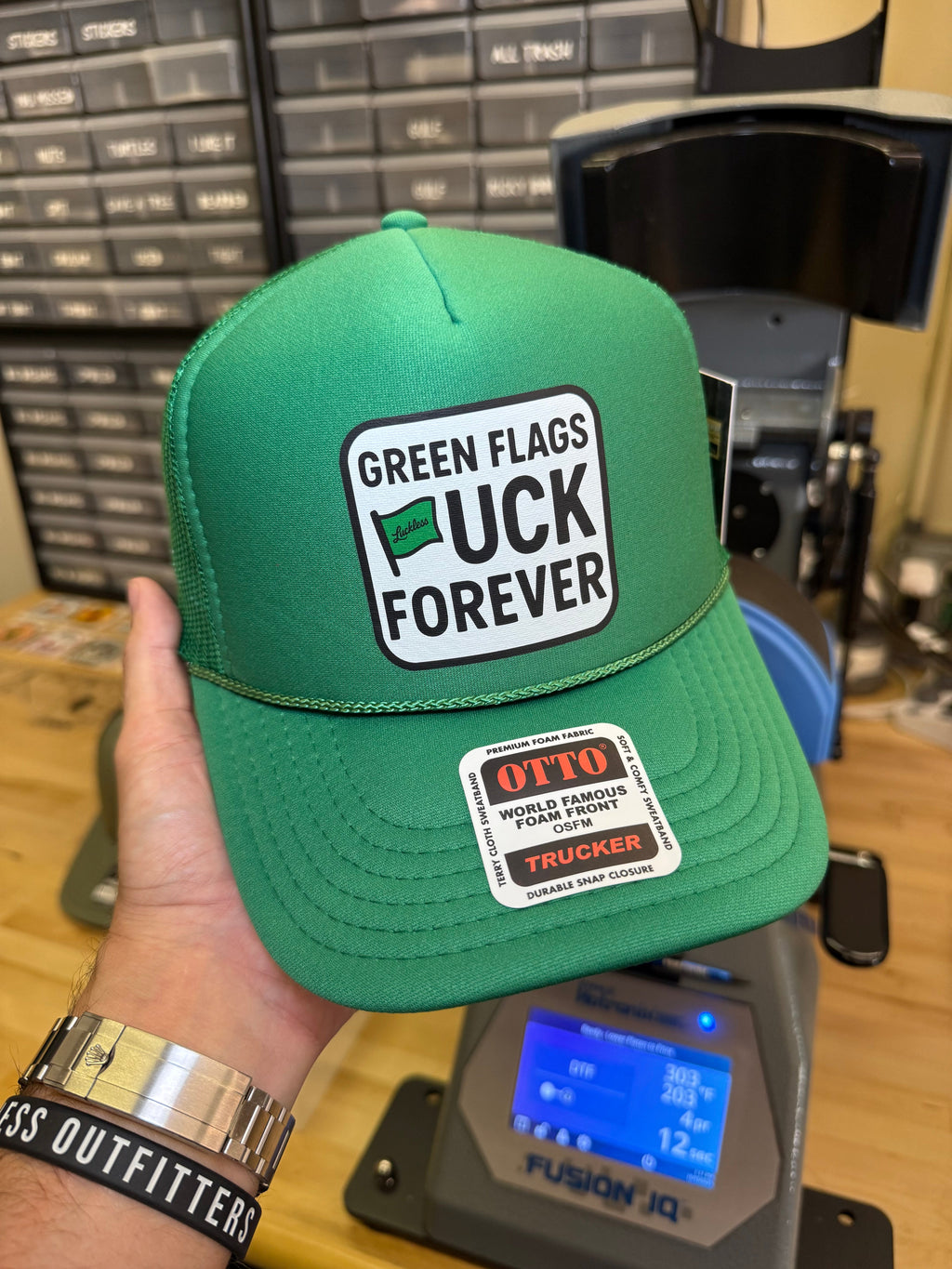 Luckless Outfitters Green Flags Fuck Forever Trucker Hat — lifestyle context