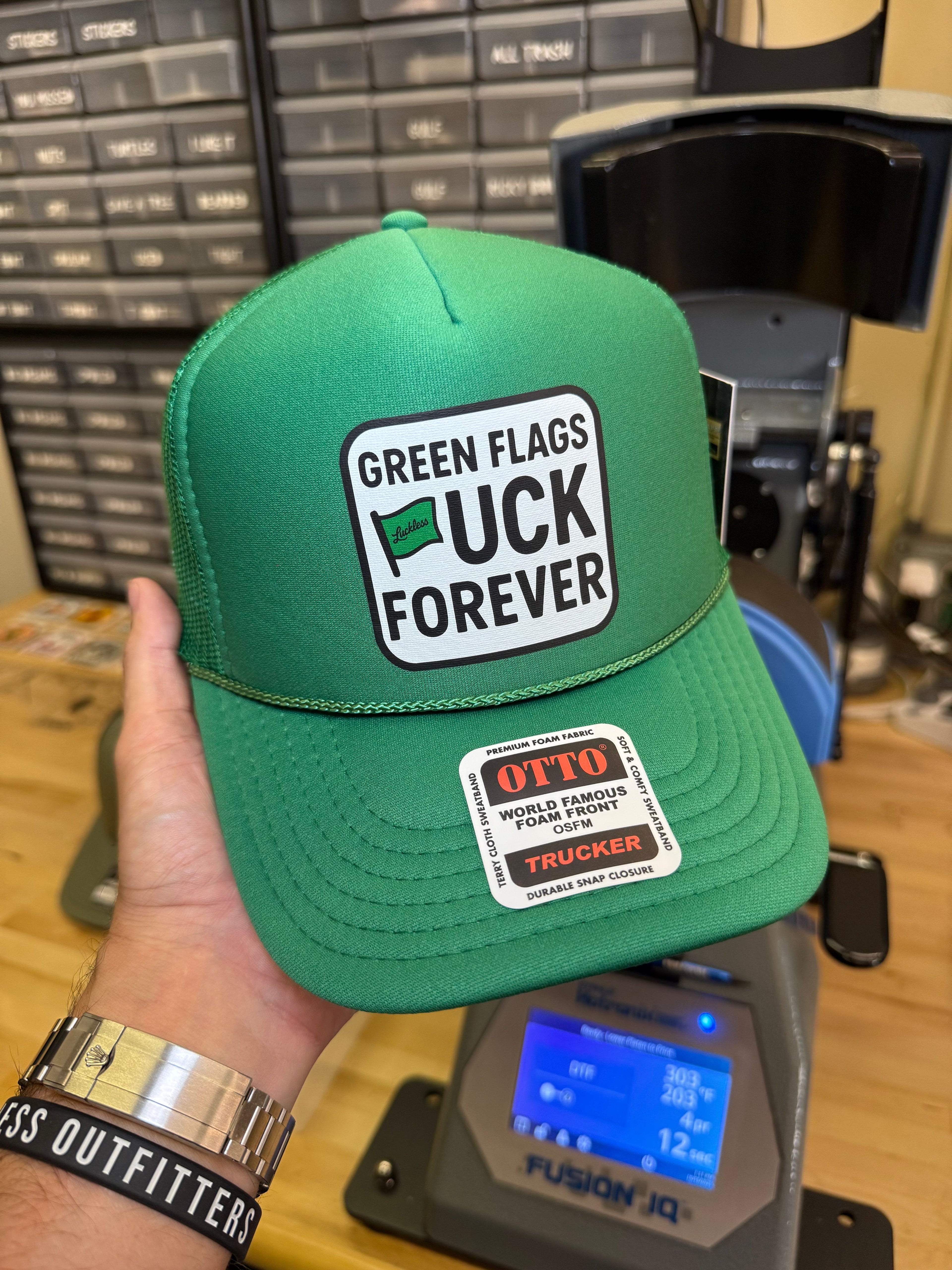 Luckless Outfitters Green Flags Fuck Forever Trucker Hat — lifestyle context