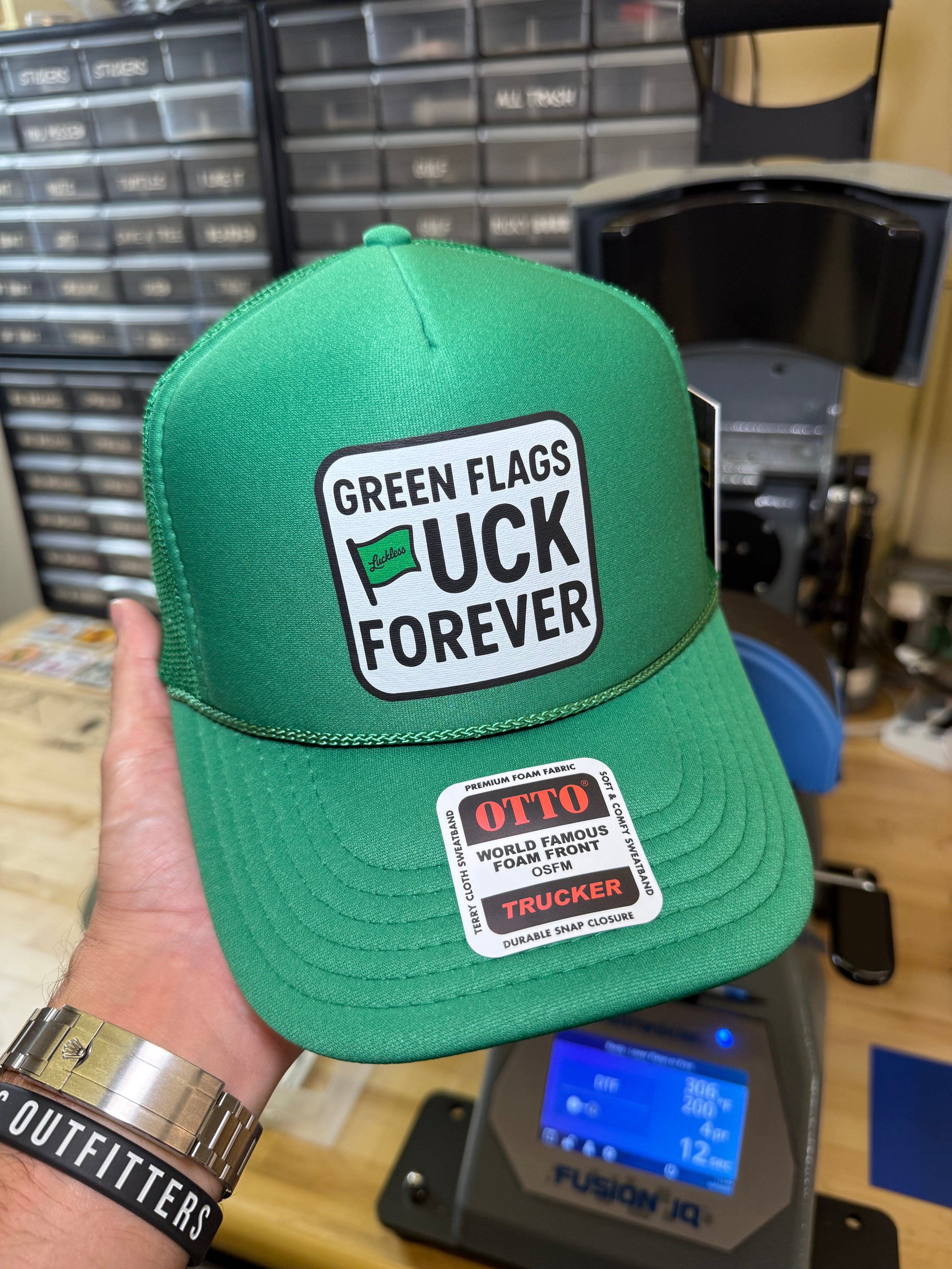 Luckless Outfitters Green Flags Fuck Forever Trucker Hat — side view