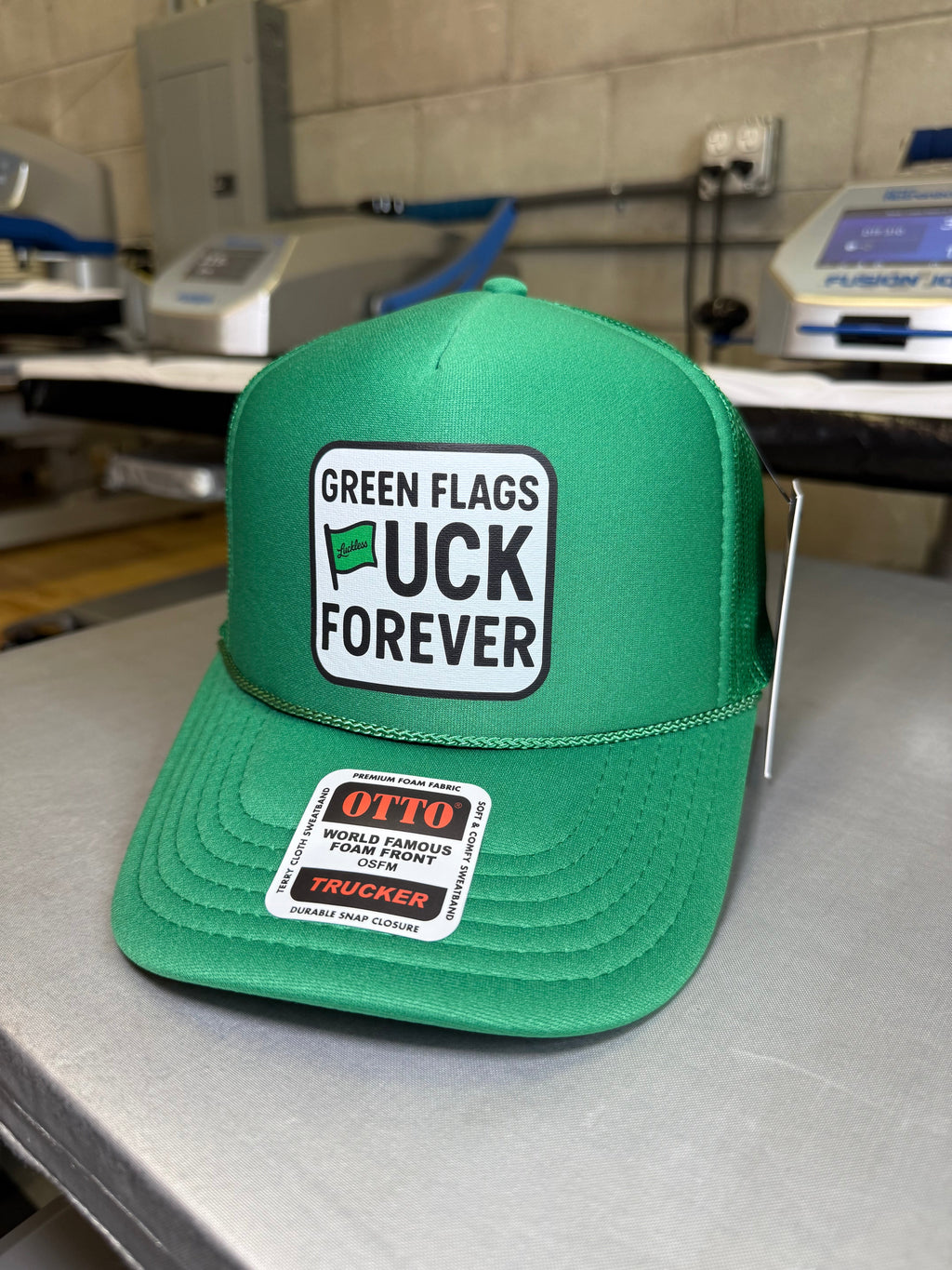 Luckless Outfitters Green Flags Fuck Forever Trucker Hat — back view