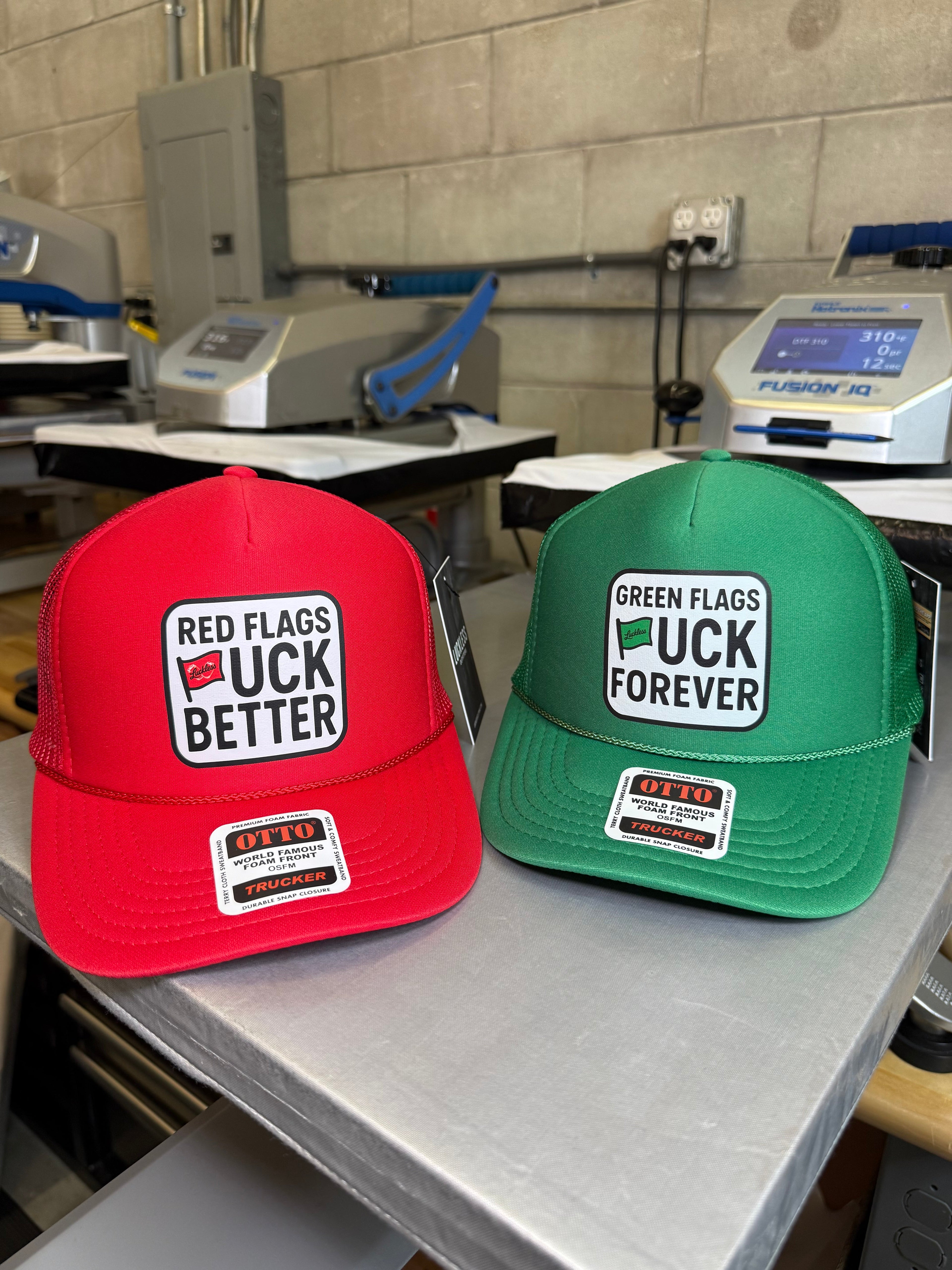 Luckless Outfitters Green Flags Fuck Forever Trucker Hat — alternative angle
