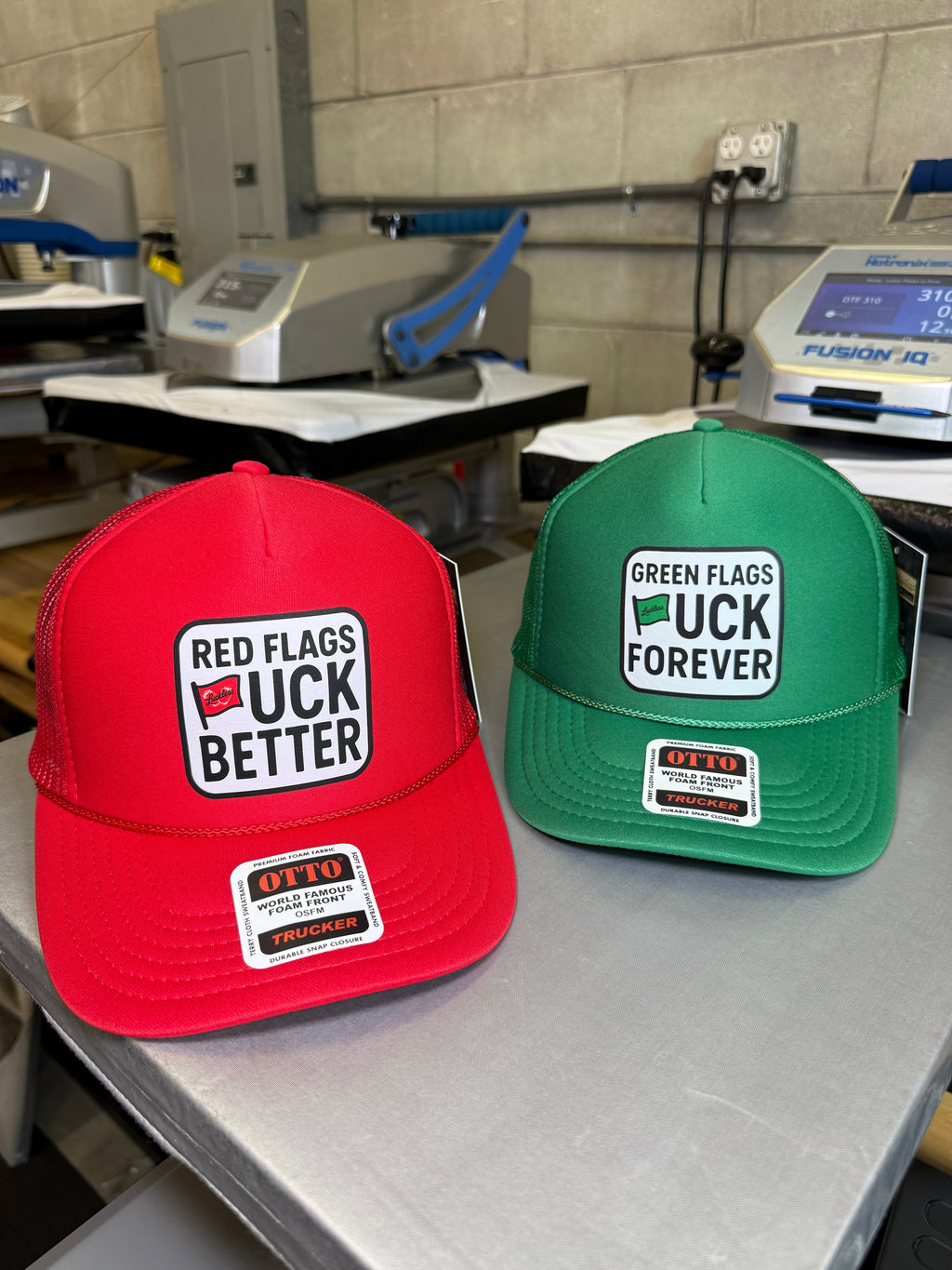 Luckless Outfitters Green Flags Fuck Forever Trucker Hat — in-use photo