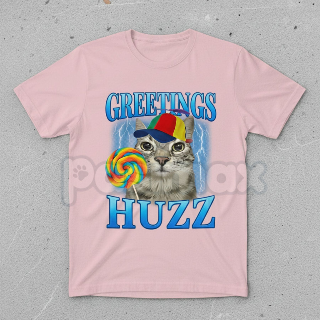 Pasimax "Greetings Huzz" Lollipop Cat Meme T-Shirt - Funny Silly Brainrot Cat Tee, Viral Internet Humor Graphic Shirt, Ironic
