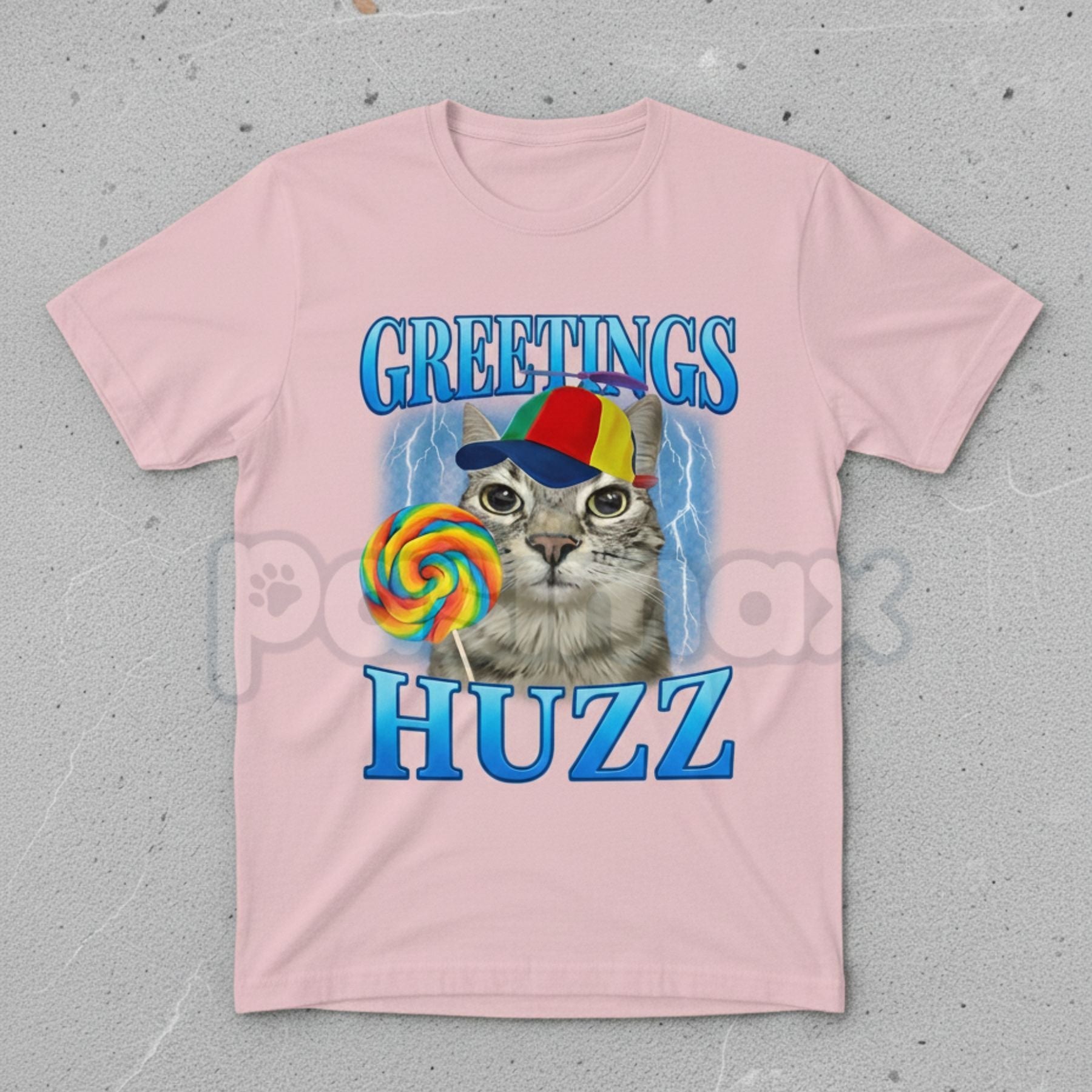 Pasimax "Greetings Huzz" Lollipop Cat Meme T-Shirt - Funny Silly Brainrot Cat Tee, Viral Internet Humor Graphic Shirt, Ironic
