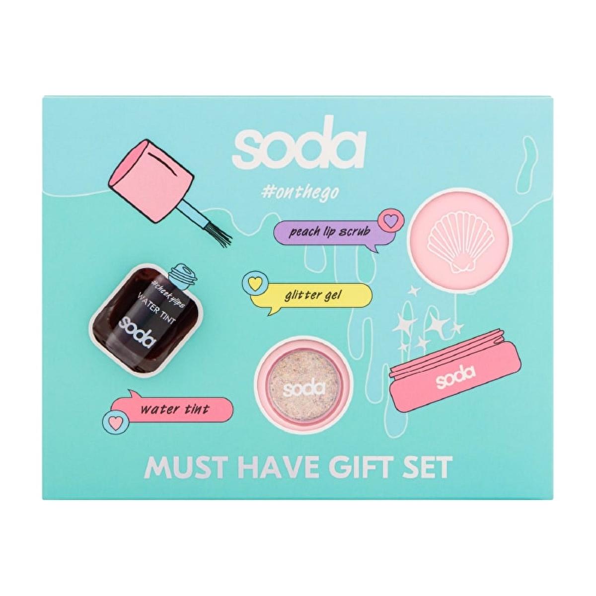 Soda On the Go Makeup Gift Set - Beauty Products for Young Adults, Lip and Cheek Tint, Glitter Gel, Lip Peeling, Cosmetic Starter Kit