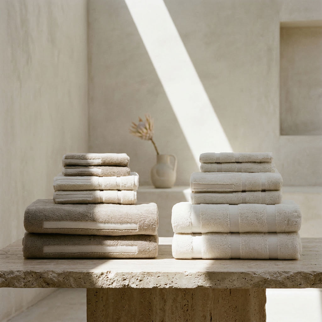 Italic Sorrel Towels — product on model