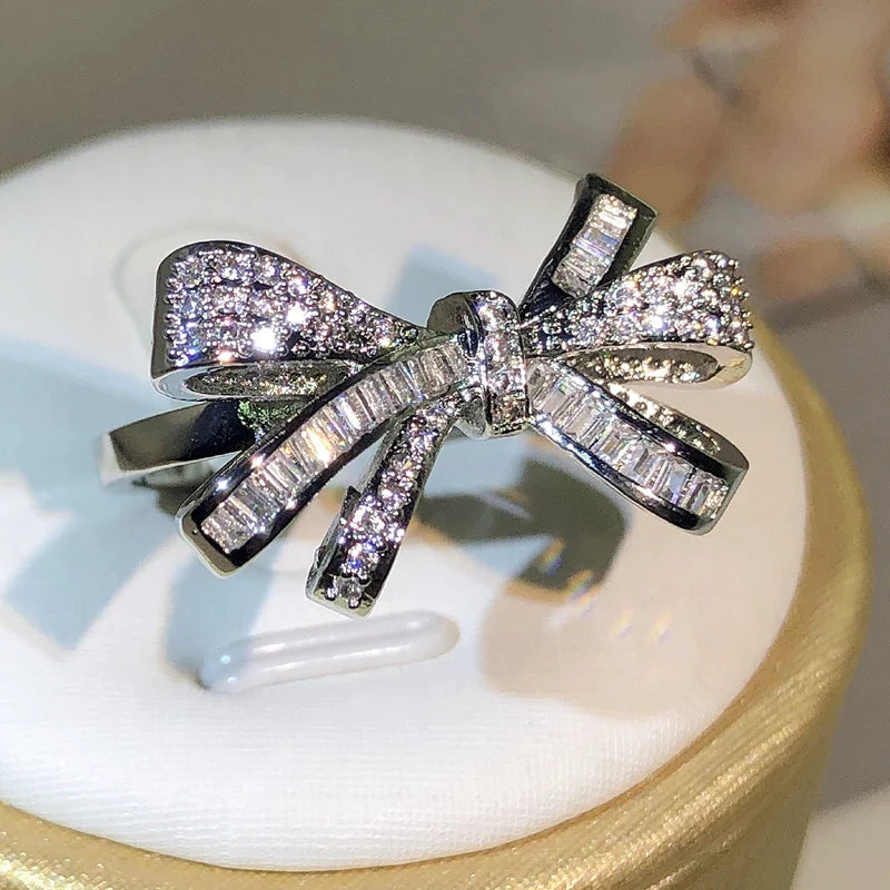 MyClosetAid 925 Sterling Silver High Quality Bow Zircon Ring — back view