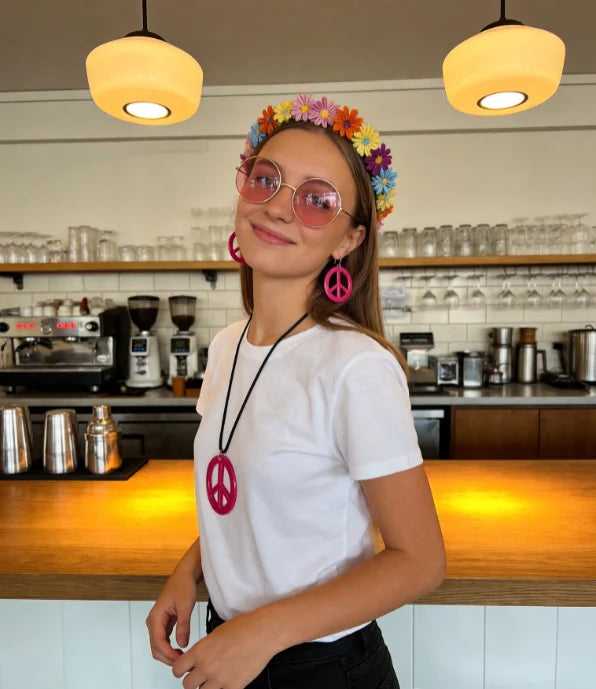PESENAR  60s Hippie Costume Accessory Set with Flower Headband, Pink Sunglasses and Peace Sign Jewelry