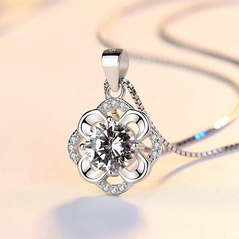 SORI STYLE 925 Sterling Silver Flower CZ Pendant Necklace — detail close-up