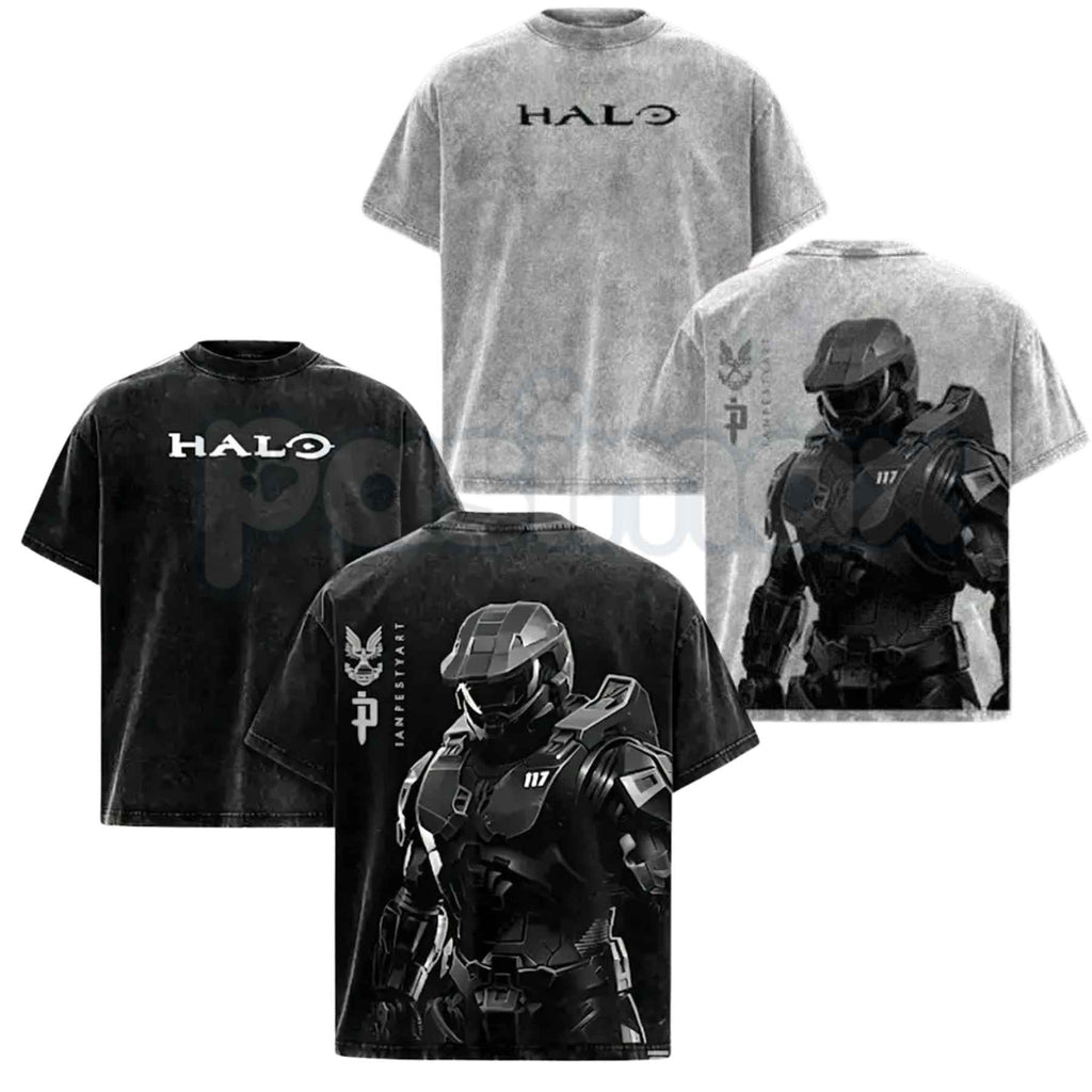 HALO Master Chief 117 T-Shirt – Retro Spartan Back Print Graphic Tee, Premium Acid Wash Oversized Lightweight Cotton Gaming Streetwear Top