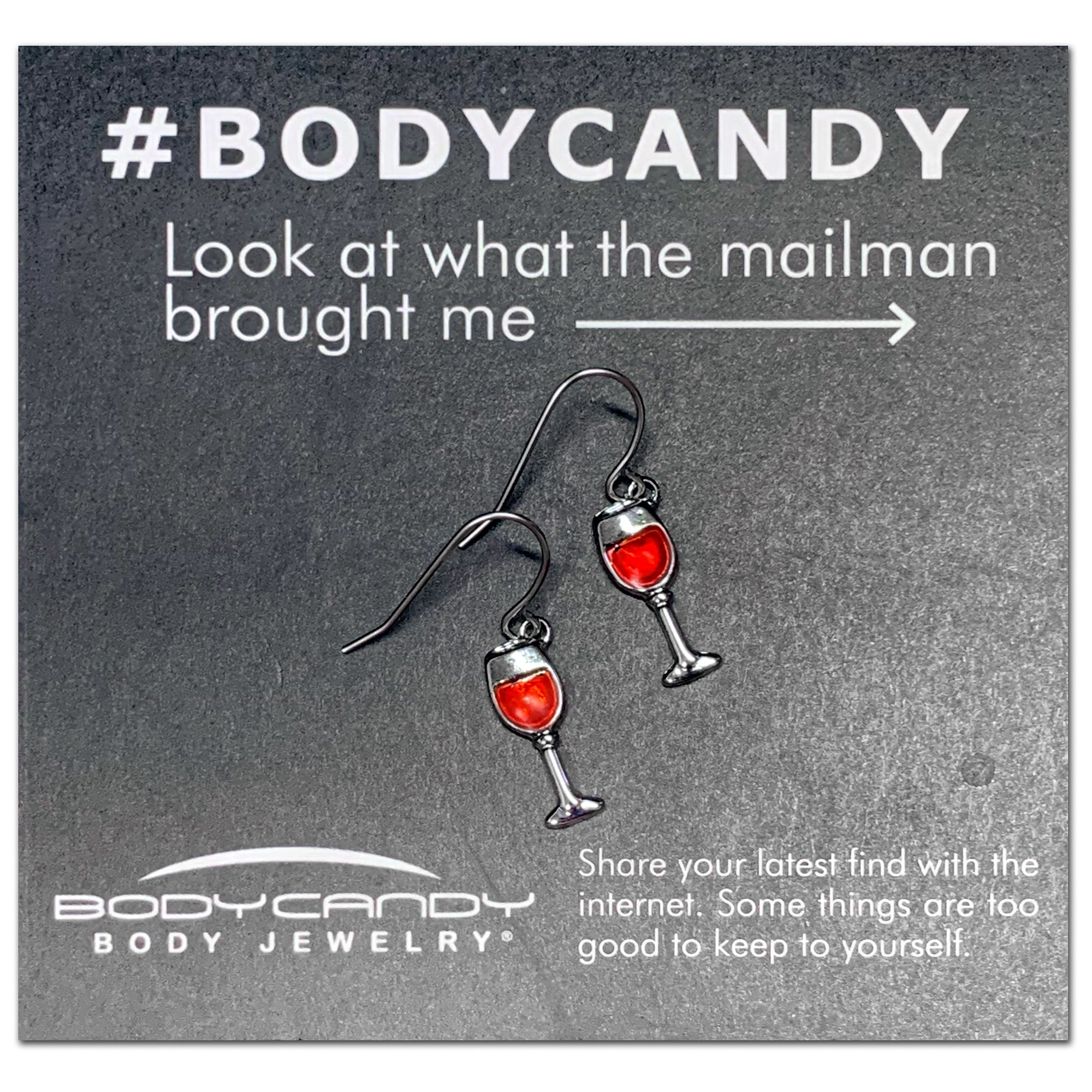 BodyCandy Stainless Steel Red Wine Glass Earrings — in-use photo