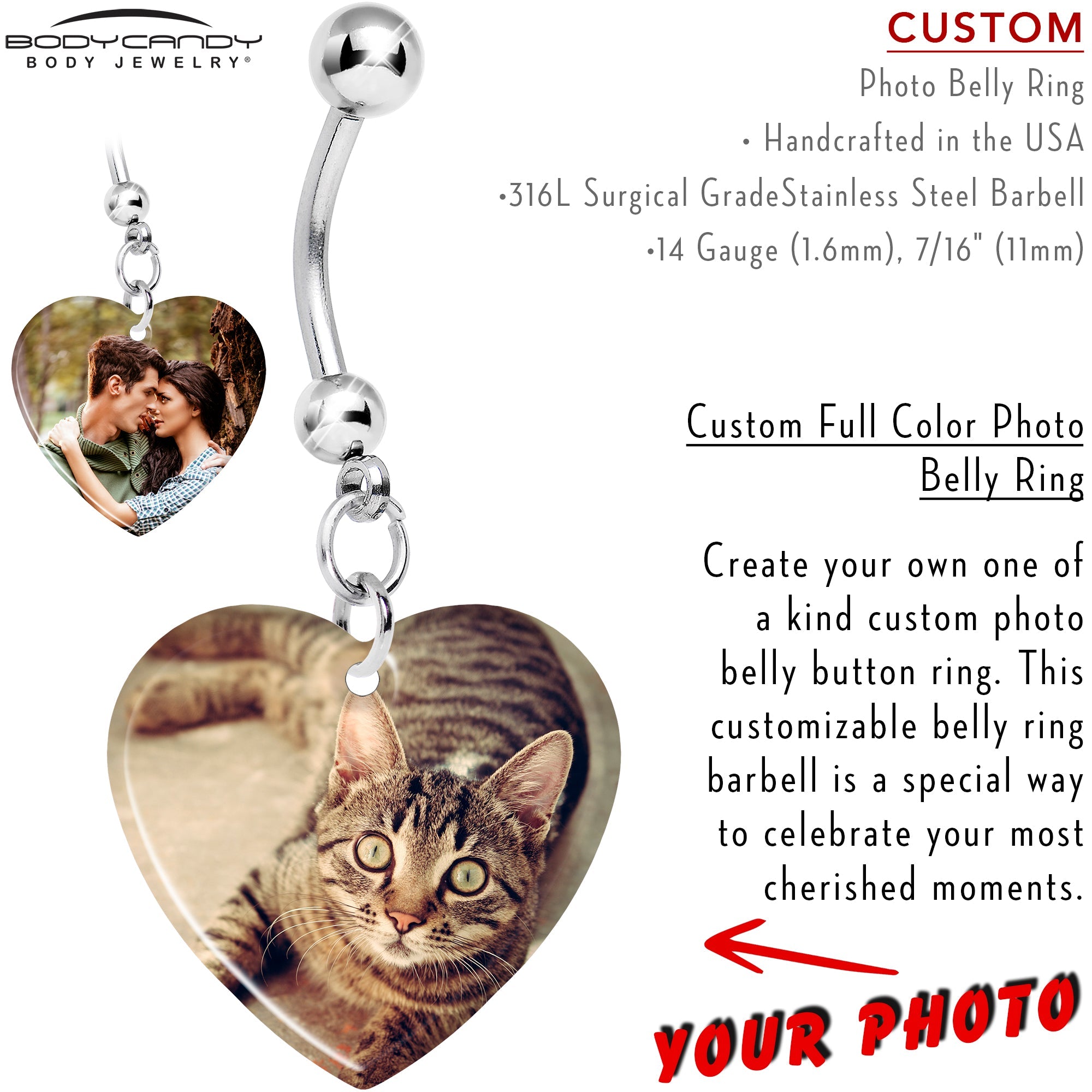 BodyCandy Full Color Dangle Heart Custom Photo Belly Ring — detail close-up
