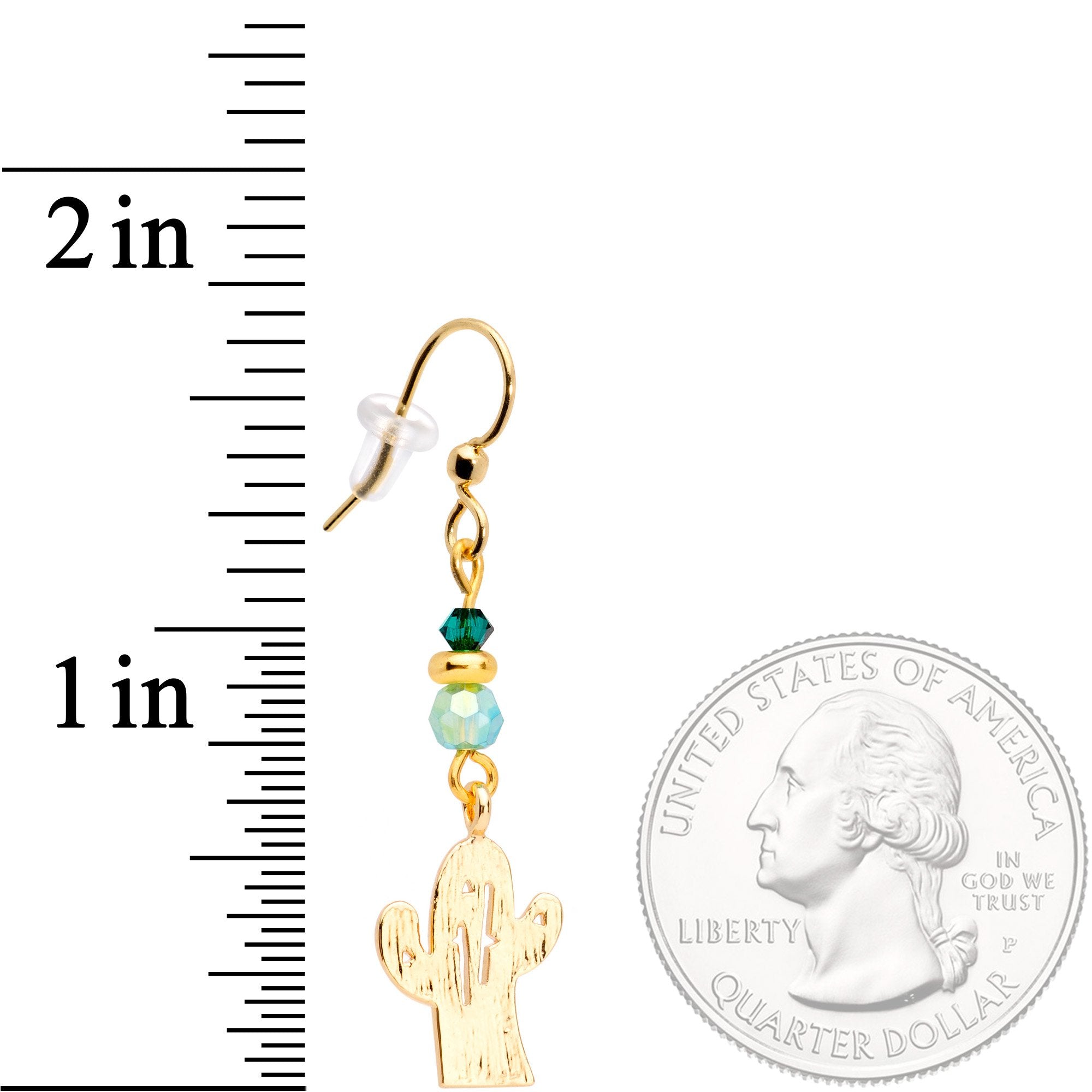 BodyCandy Gold Tone Cactus Fishhook Earrings Made with Crystals — detail close-up