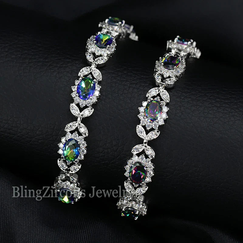 MyClosetAid Mystical Rainbow Cubic Zirconia Crystal Flower Silver Plated Bracelet — side view