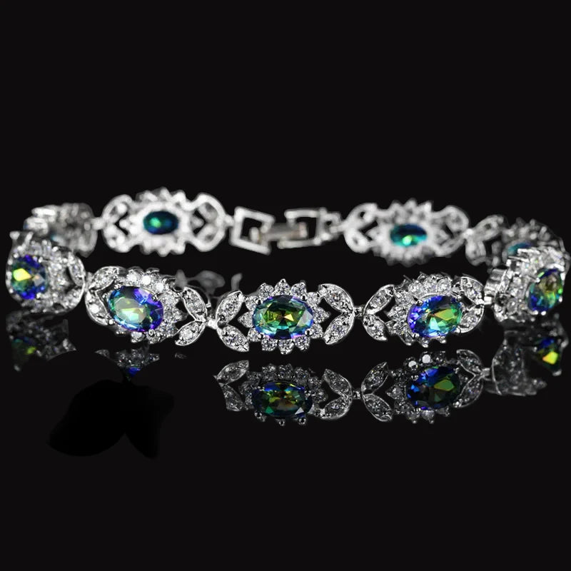 MyClosetAid Mystical Rainbow Cubic Zirconia Crystal Flower Silver Plated Bracelet — detail close-up