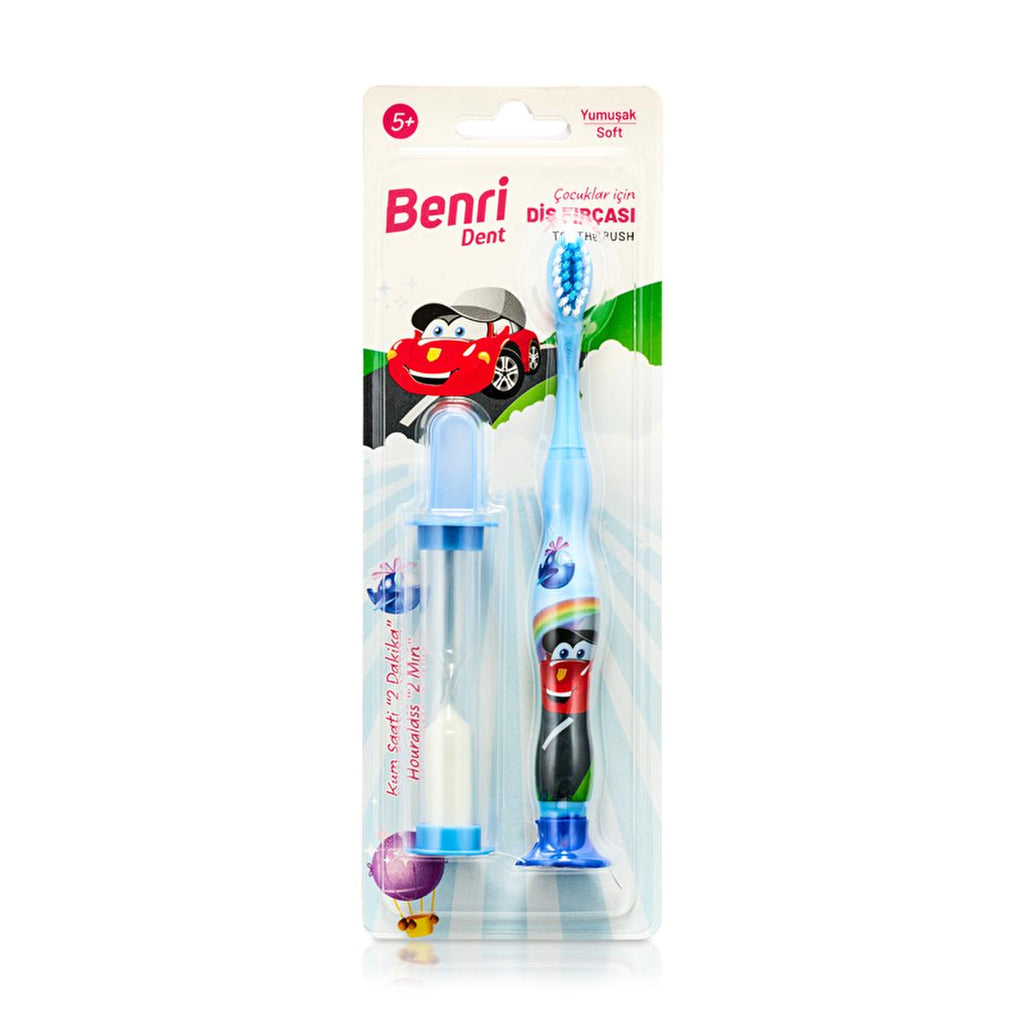 Benri Dent Children's Toothbrush with Soft Bristles & 2-Minute Sand Timer - Gentle on Teeth & Gums, Ergonomic Handle, Kid's Oral Care