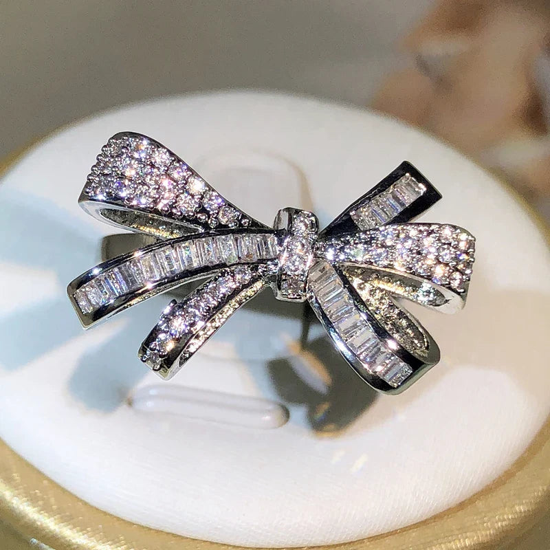 MyClosetAid 925 Sterling Silver High Quality Bow Zircon Ring — detail close-up