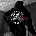 Pasimax "Hang In There It Gets Worse" Monkey Hoodie – Sarcastic Nihilist Humor Pullover, Funny Nihilism Ape Graphic, Unisex —